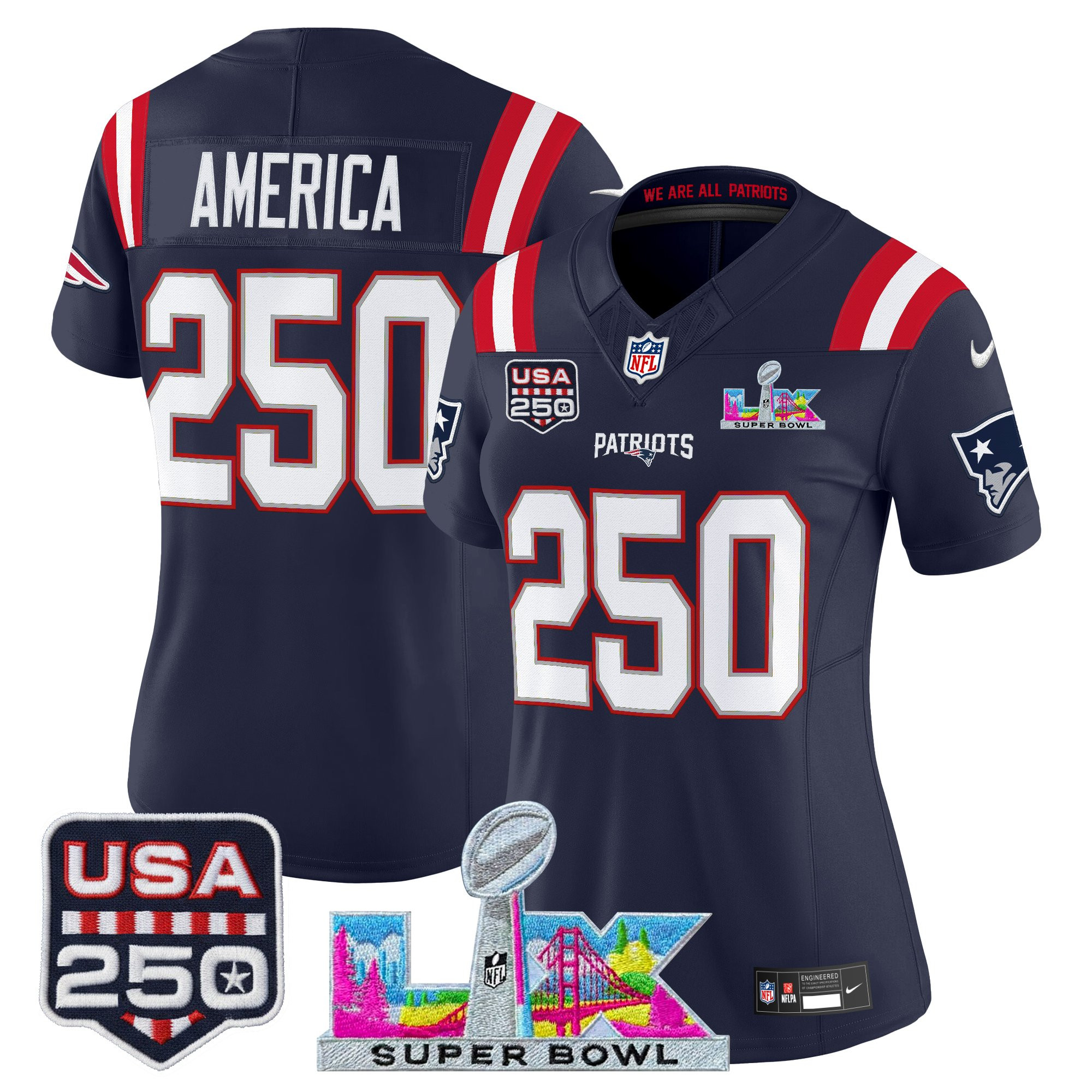 Women's New England Patriots "Super Bowl LX & United States 250th Anniversary Patch" Vapor Limited Jersey - All Stitched - Image 22