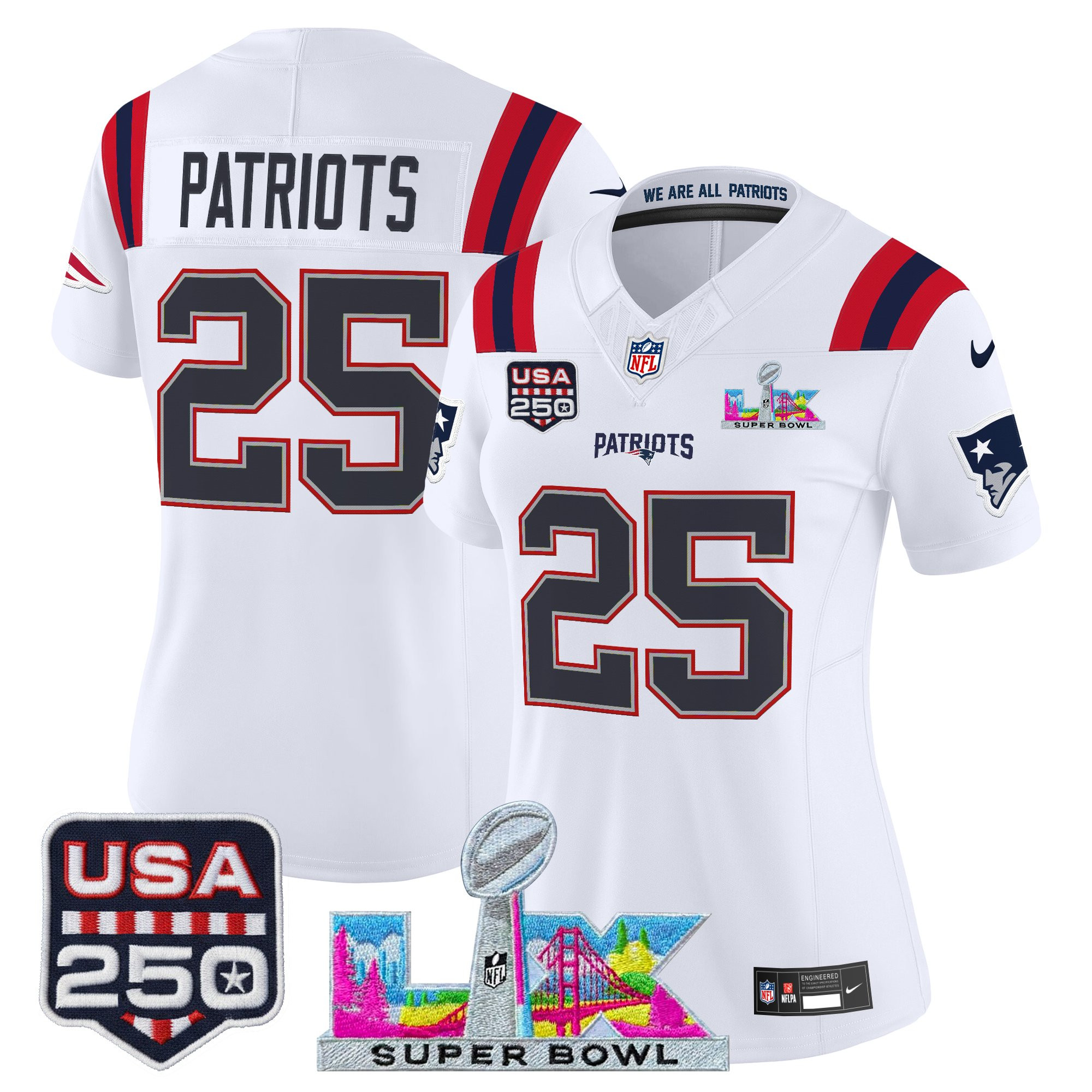Women's New England Patriots "Super Bowl LX & United States 250th Anniversary Patch" Vapor Limited Jersey - All Stitched - Image 4