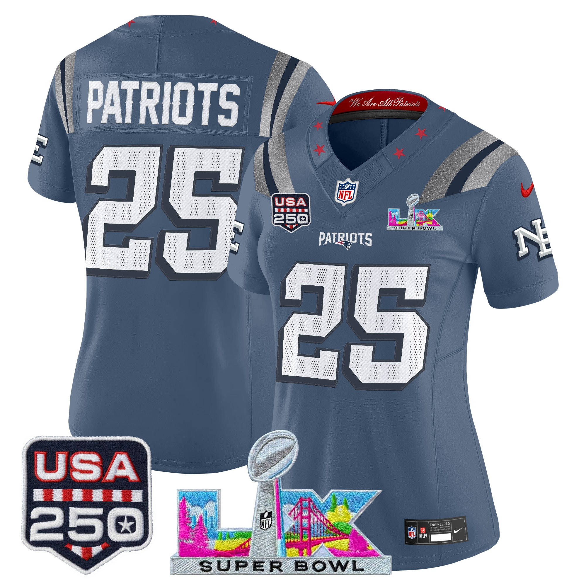 Women's New England Patriots "Super Bowl LX & United States 250th Anniversary Patch" Vapor Limited Jersey - All Stitched - Image 14