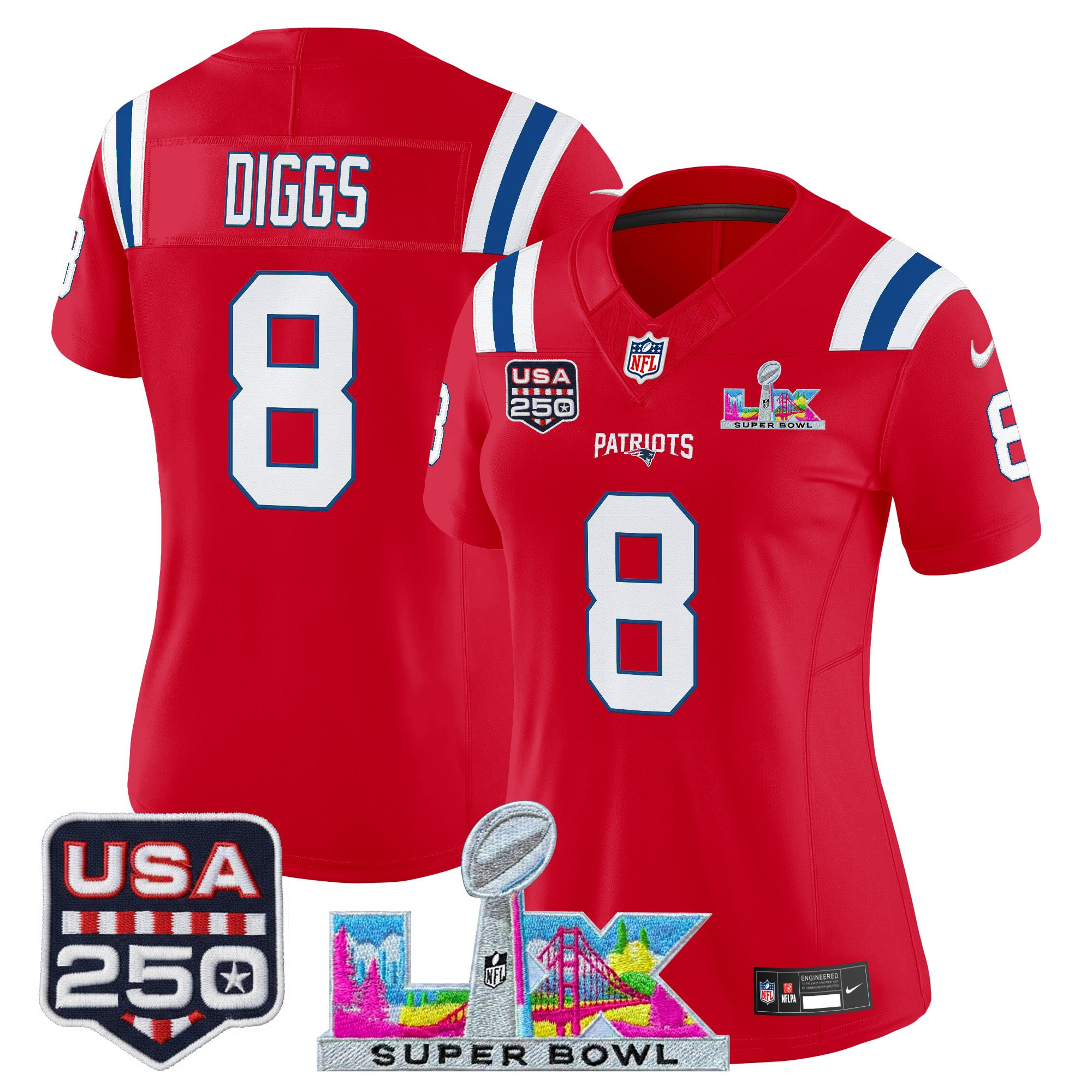Women's New England Patriots "Super Bowl LX & United States 250th Anniversary Patch" Vapor Limited Jersey - All Stitched - Image 35