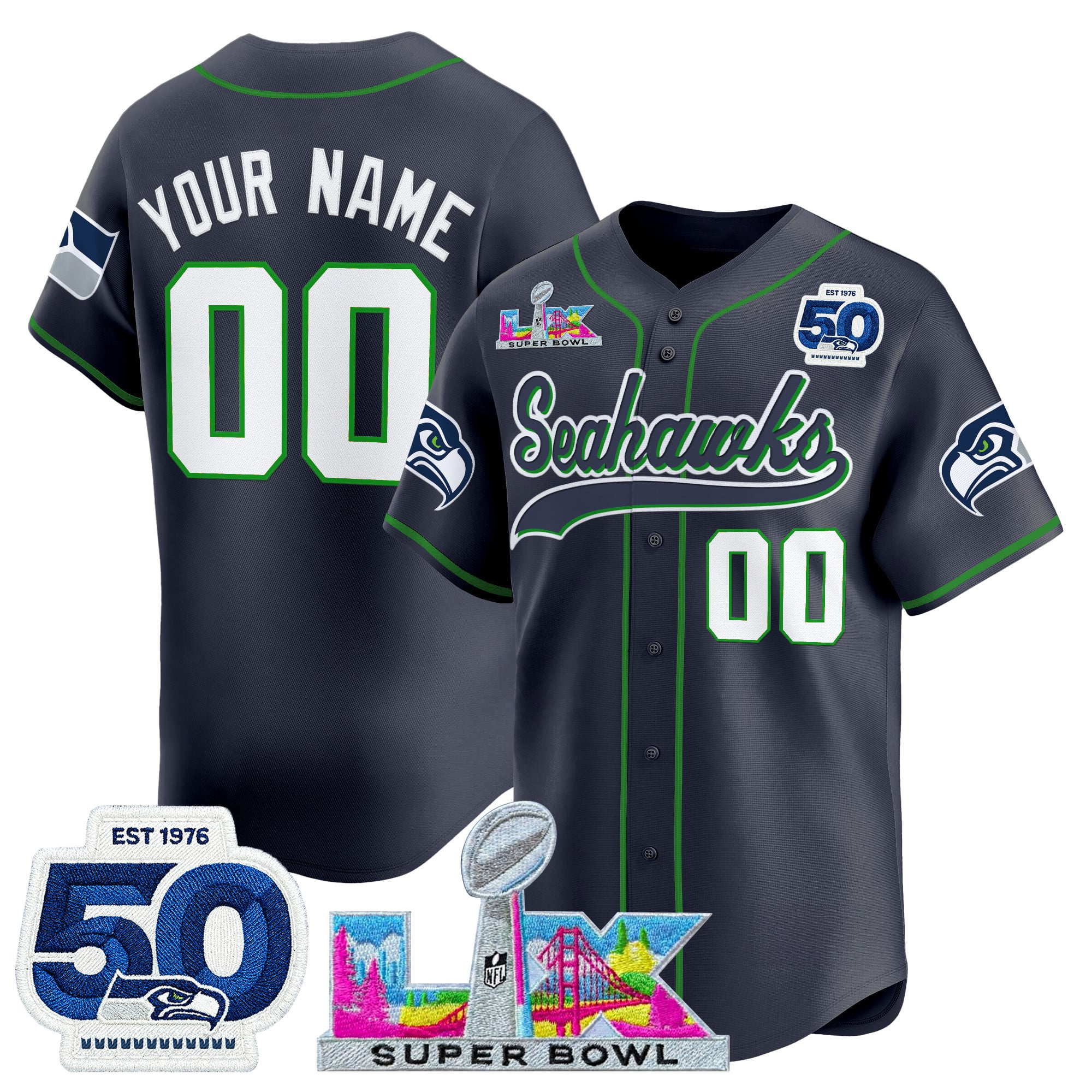 Seattle Seahawks "Super Bowl LX & United States 250th Anniversary Patch" Vapor Baseball Custom Jersey - All Stitched - Image 3