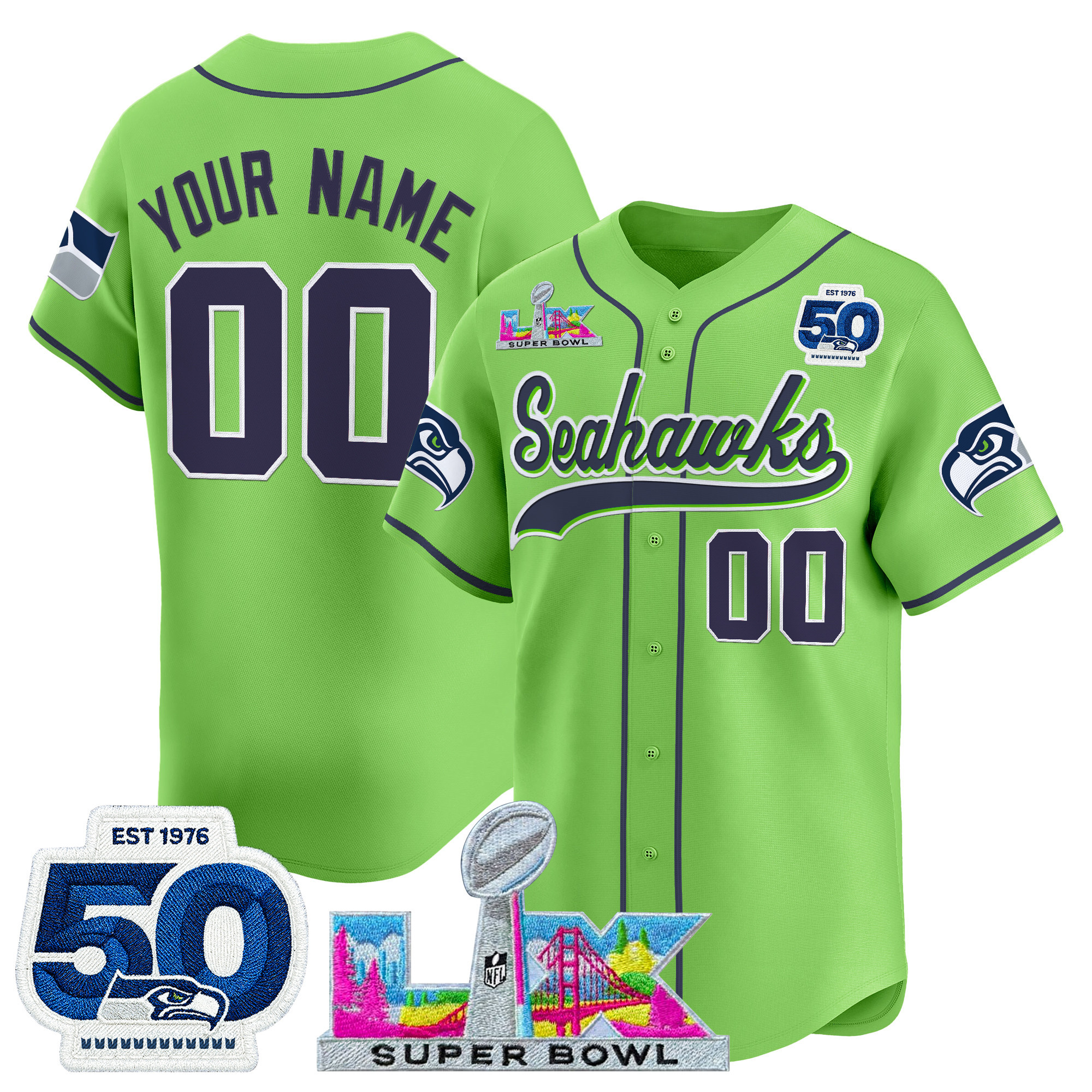 Seattle Seahawks "Super Bowl LX & United States 250th Anniversary Patch" Vapor Baseball Custom Jersey - All Stitched - Image 4