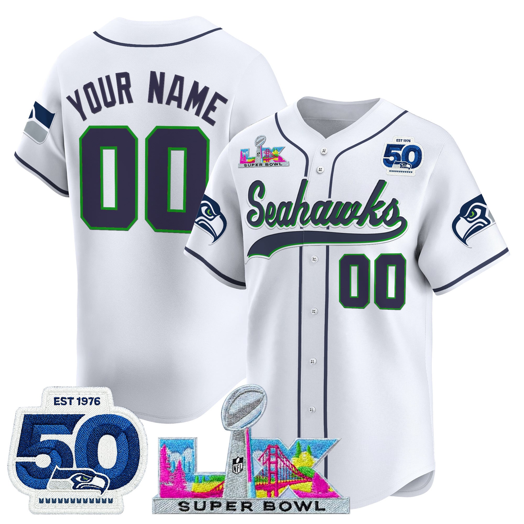 Seattle Seahawks "Super Bowl LX & United States 250th Anniversary Patch" Vapor Baseball Custom Jersey - All Stitched