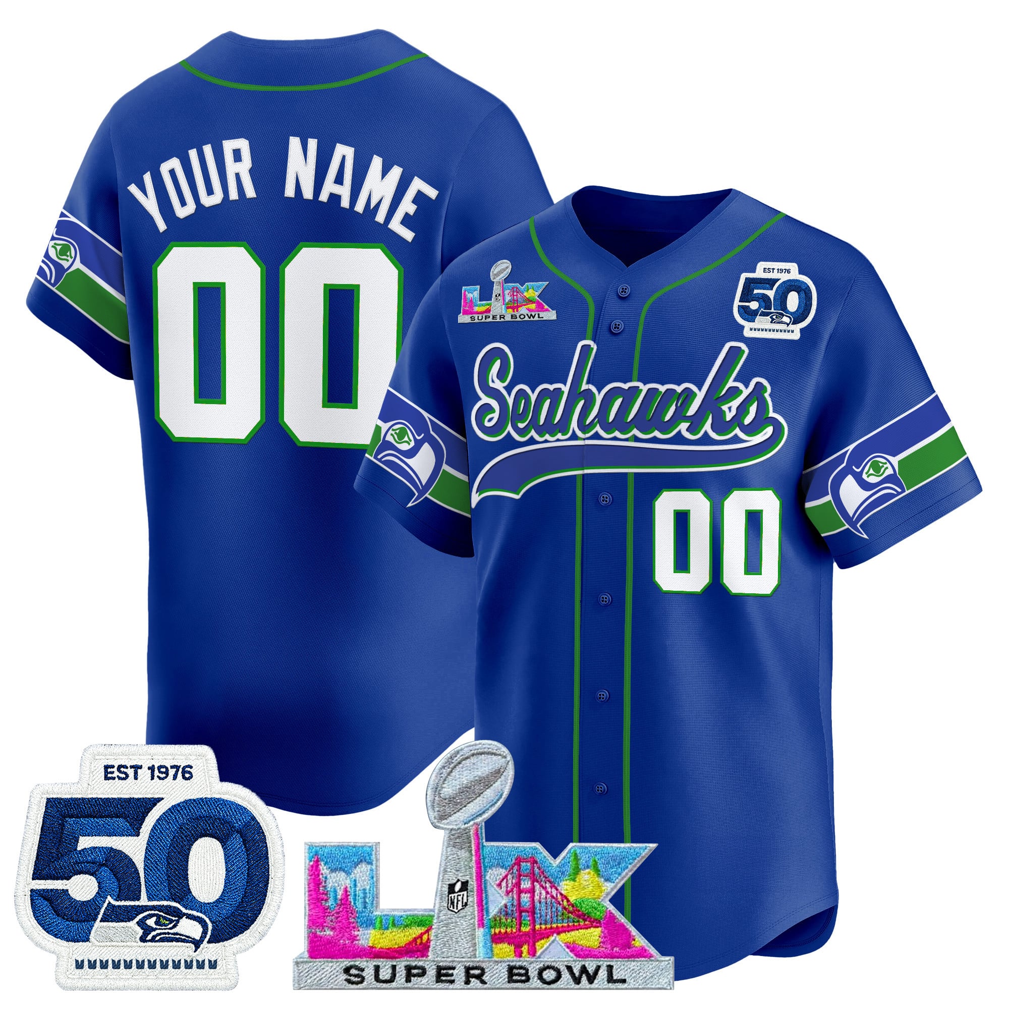 Seattle Seahawks "Super Bowl LX & United States 250th Anniversary Patch" Vapor Baseball Custom Jersey - All Stitched - Image 2