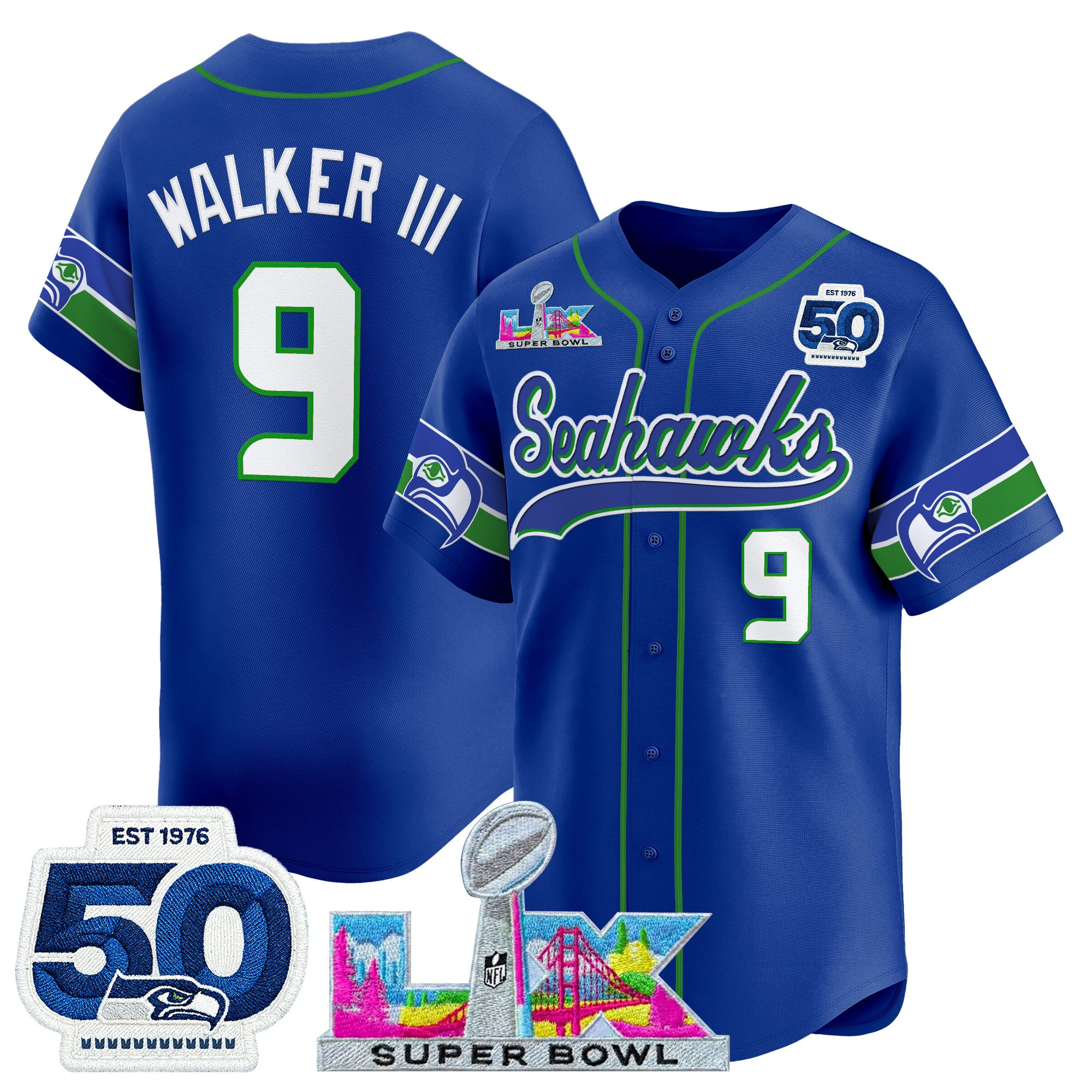 Men's Seattle Seahawks "Super Bowl LX & United States 250th Anniversary Patch" Vapor Baseball Jersey - All Stitched - Image 13