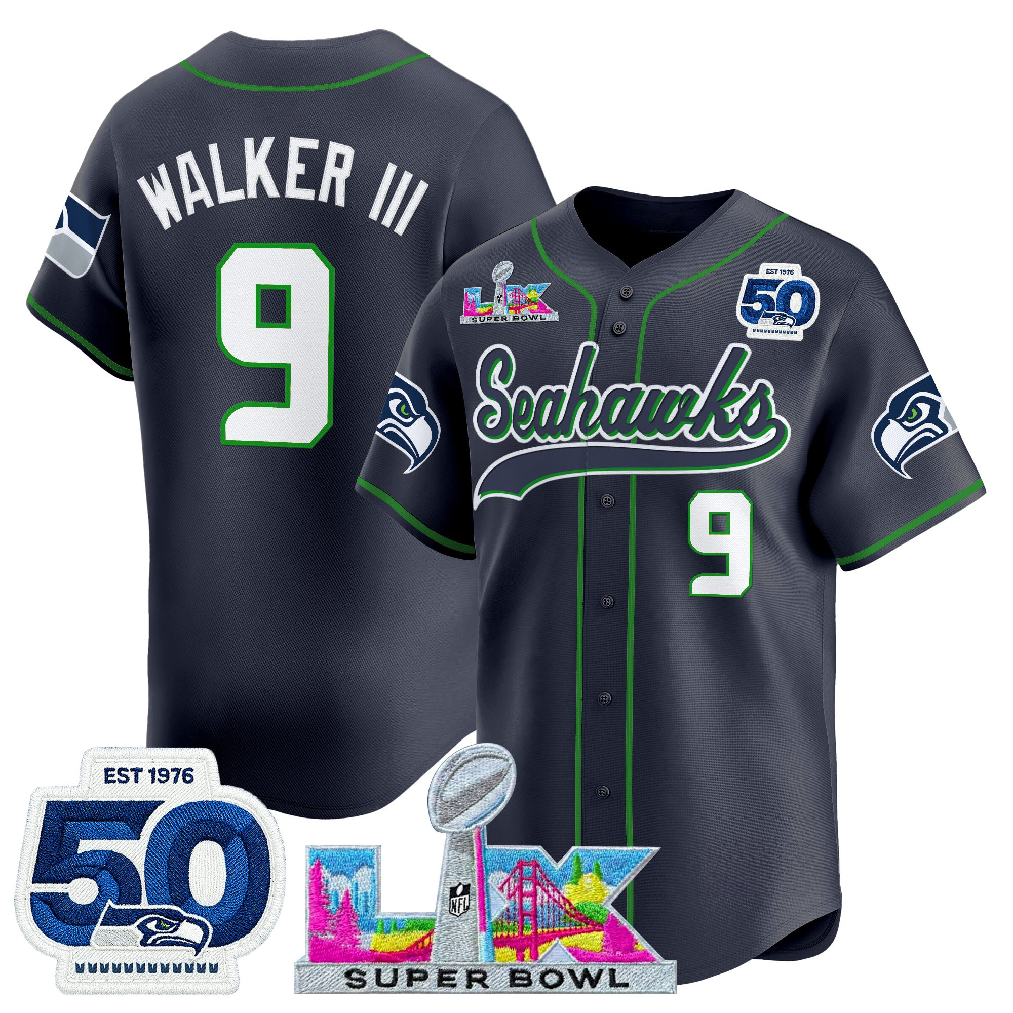 Men's Seattle Seahawks "Super Bowl LX & United States 250th Anniversary Patch" Vapor Baseball Jersey - All Stitched - Image 21