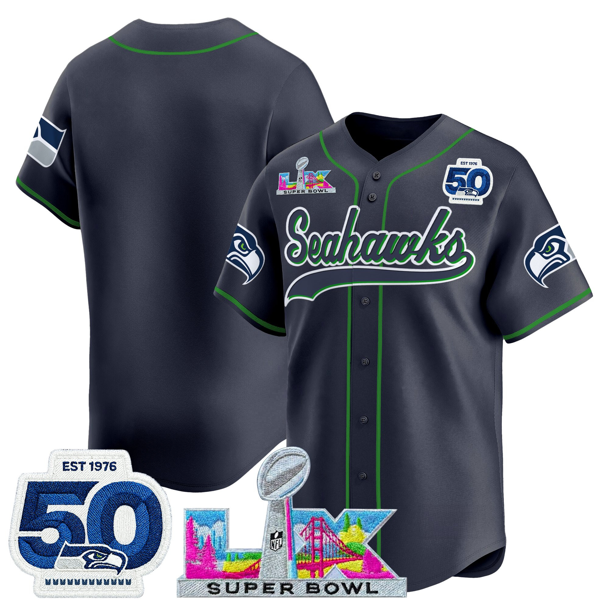 Men's Seattle Seahawks "Super Bowl LX & United States 250th Anniversary Patch" Vapor Baseball Jersey - All Stitched - Image 24