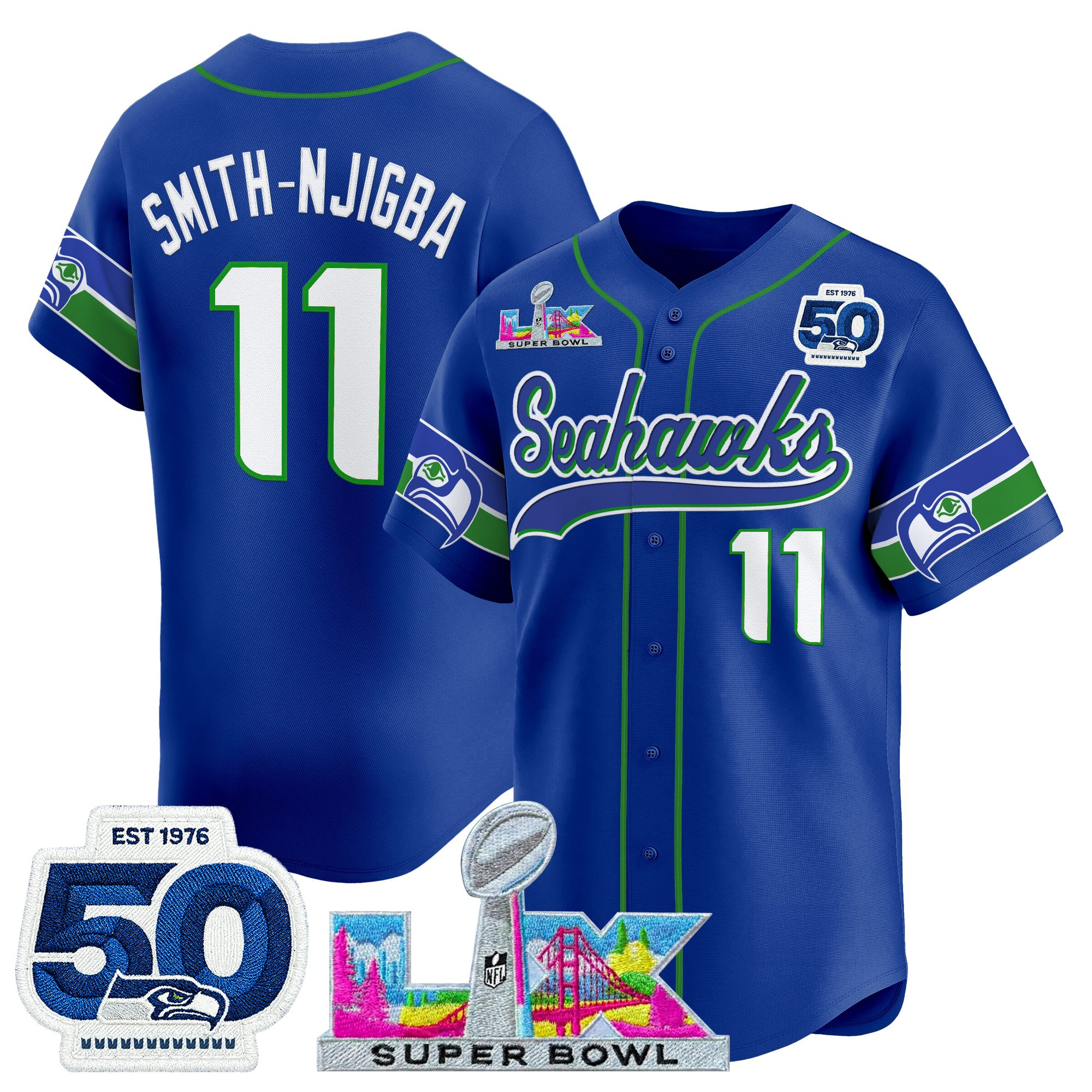 Men's Seattle Seahawks "Super Bowl LX & United States 250th Anniversary Patch" Vapor Baseball Jersey - All Stitched - Image 10