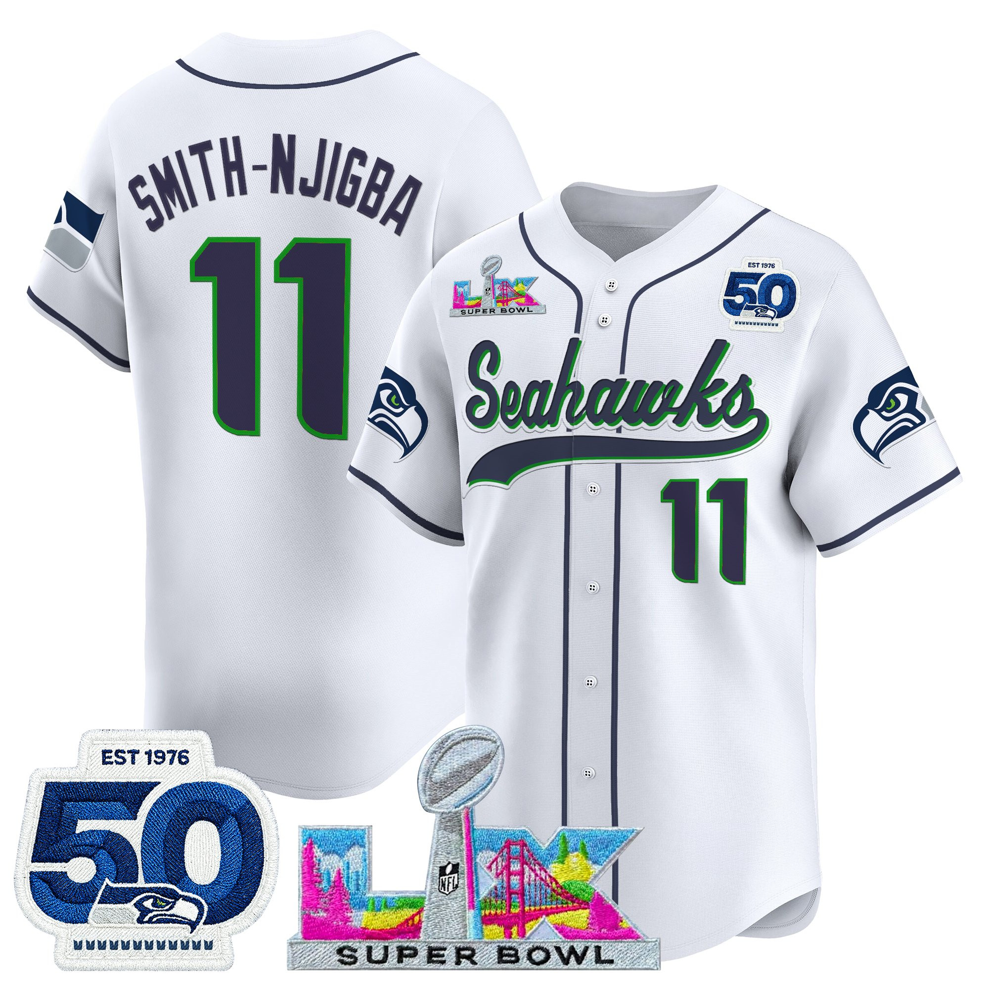 Men's Seattle Seahawks "Super Bowl LX & United States 250th Anniversary Patch" Vapor Baseball Jersey - All Stitched - Image 2