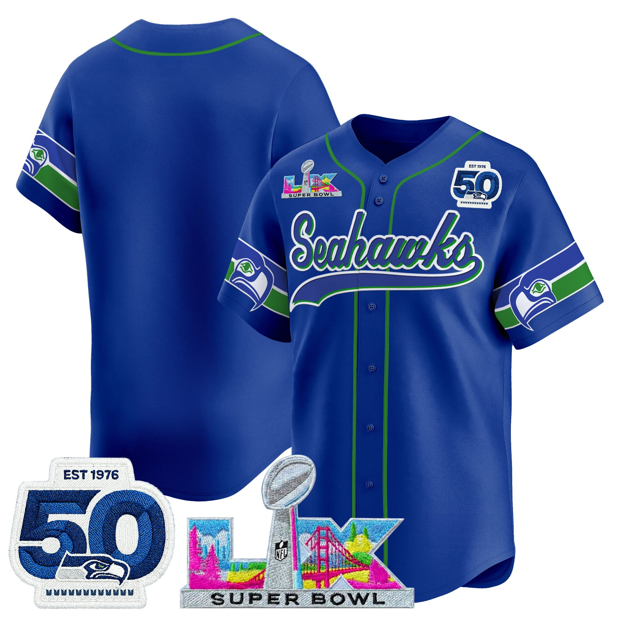 Men's Seattle Seahawks "Super Bowl LX & United States 250th Anniversary Patch" Vapor Baseball Jersey - All Stitched - Image 16