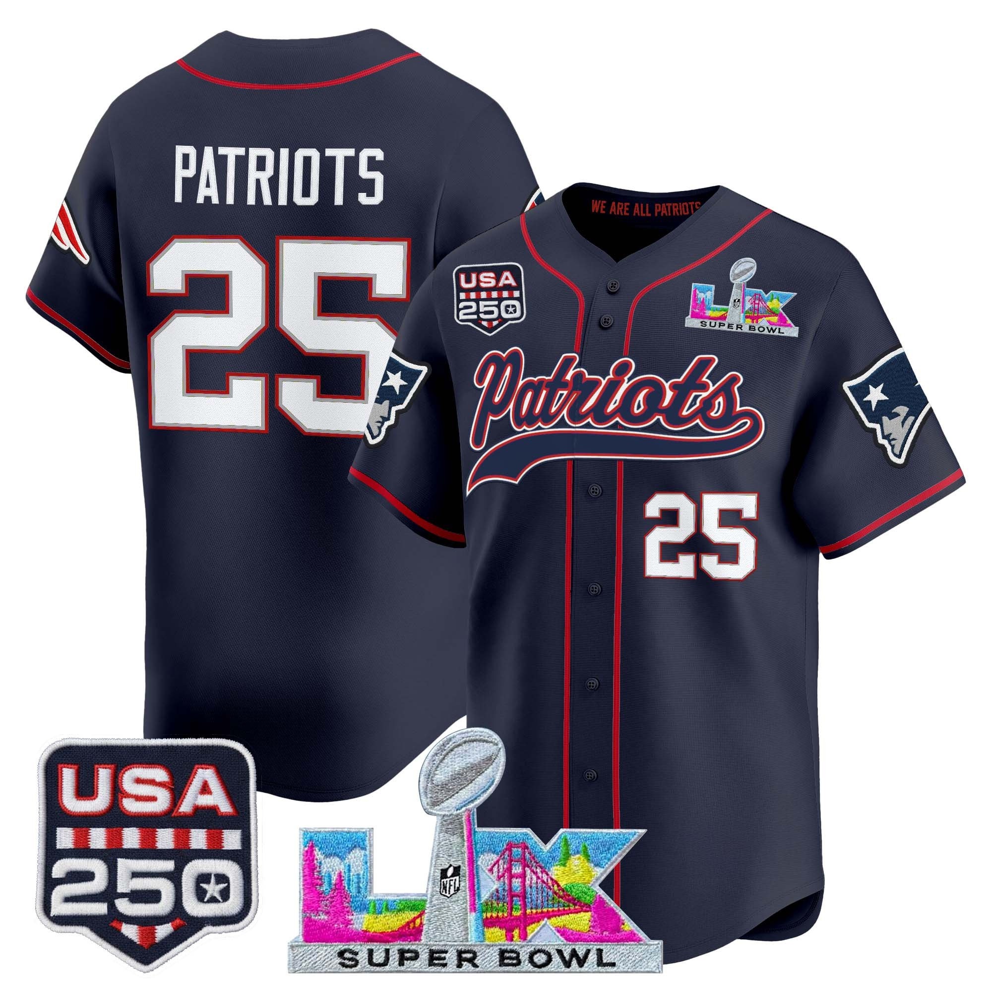 Men's New England Patriots "Super Bowl LX & United States 250th Anniversary Patch" Vapor Baseball Jersey - All Stitched - Image 14