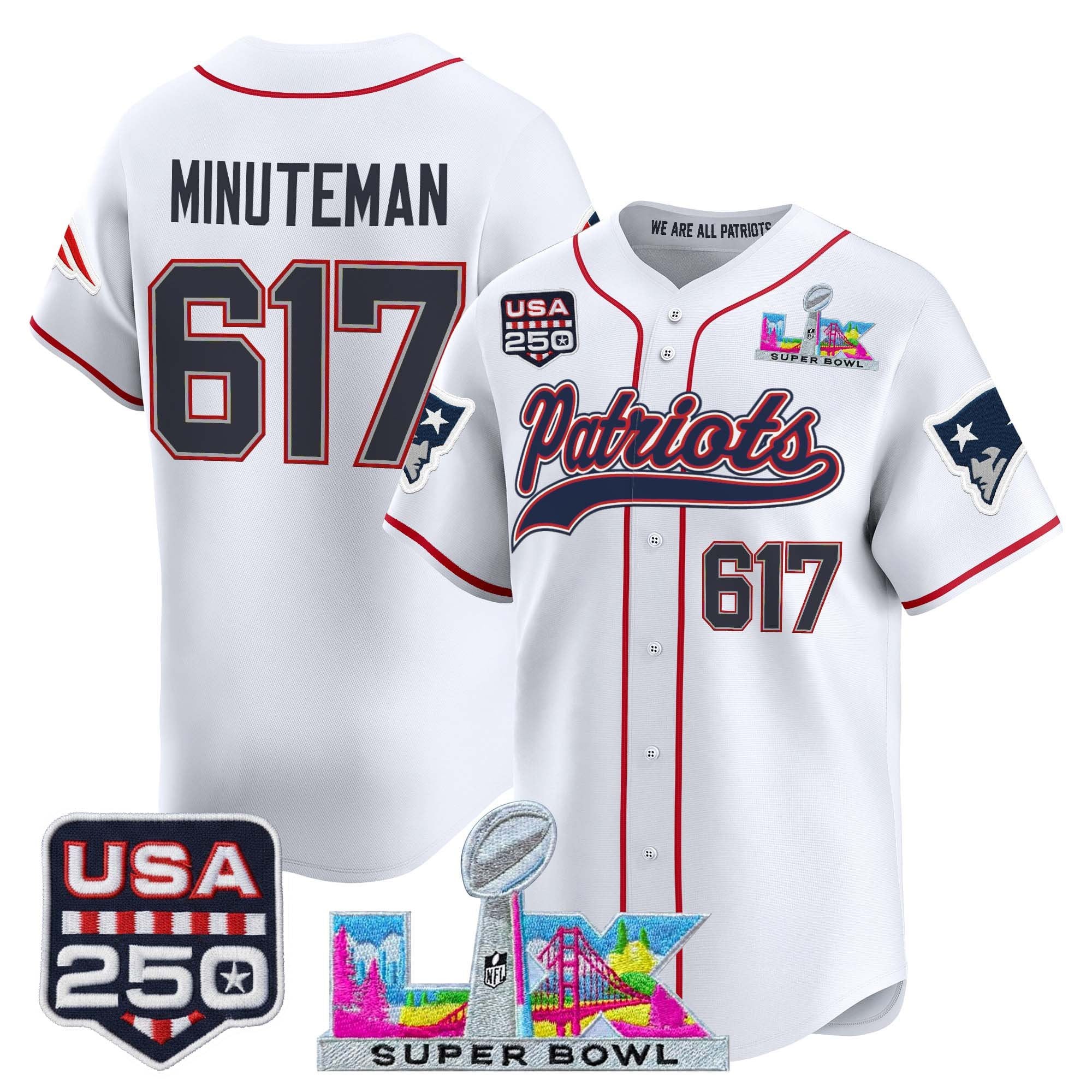 Men's New England Patriots "Super Bowl LX & United States 250th Anniversary Patch" Vapor Baseball Jersey - All Stitched - Image 3