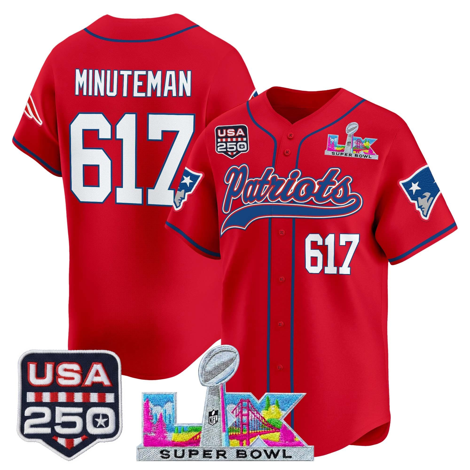 Men's New England Patriots "Super Bowl LX & United States 250th Anniversary Patch" Vapor Baseball Jersey - All Stitched - Image 23