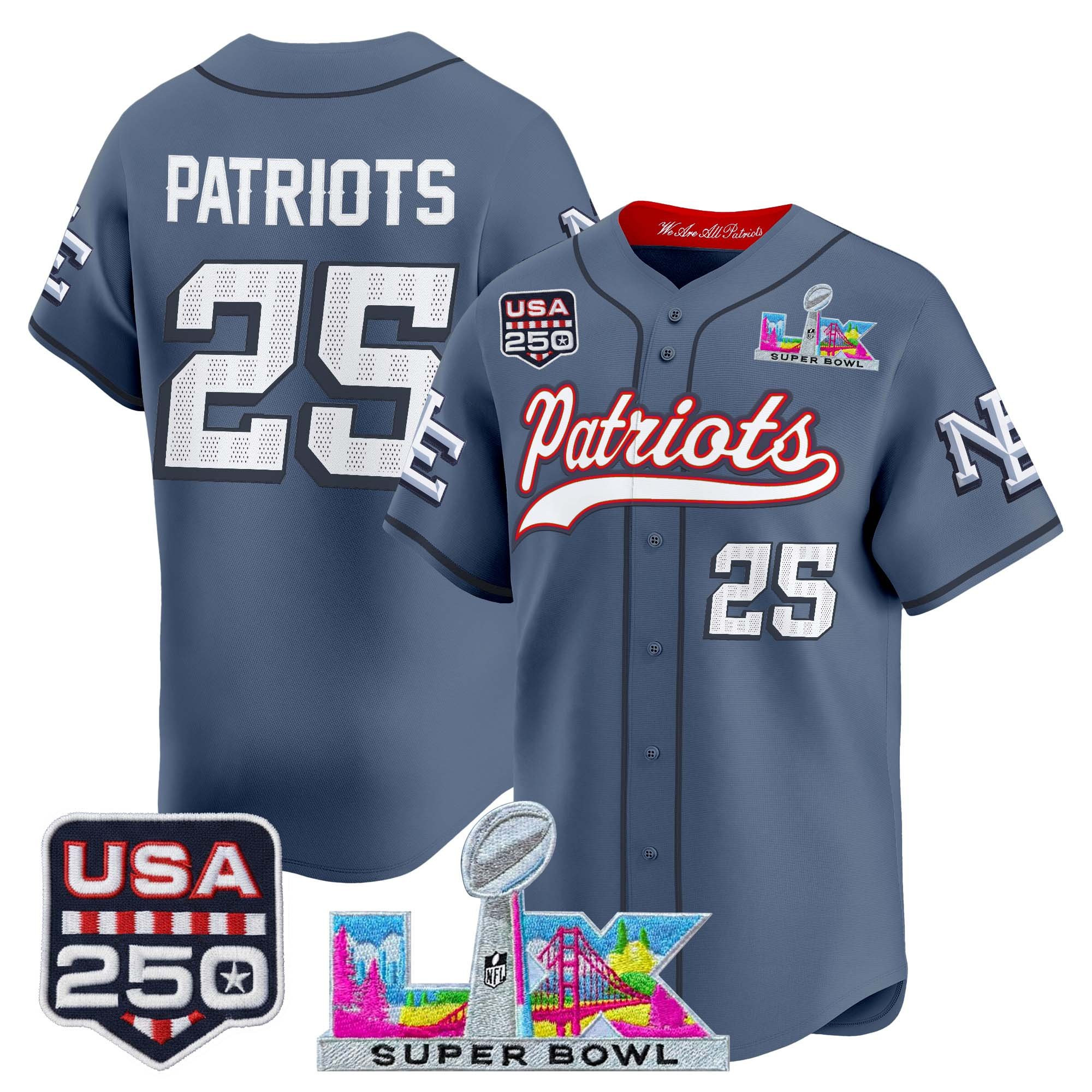 Men's New England Patriots "Super Bowl LX & United States 250th Anniversary Patch" Vapor Baseball Jersey - All Stitched - Image 34