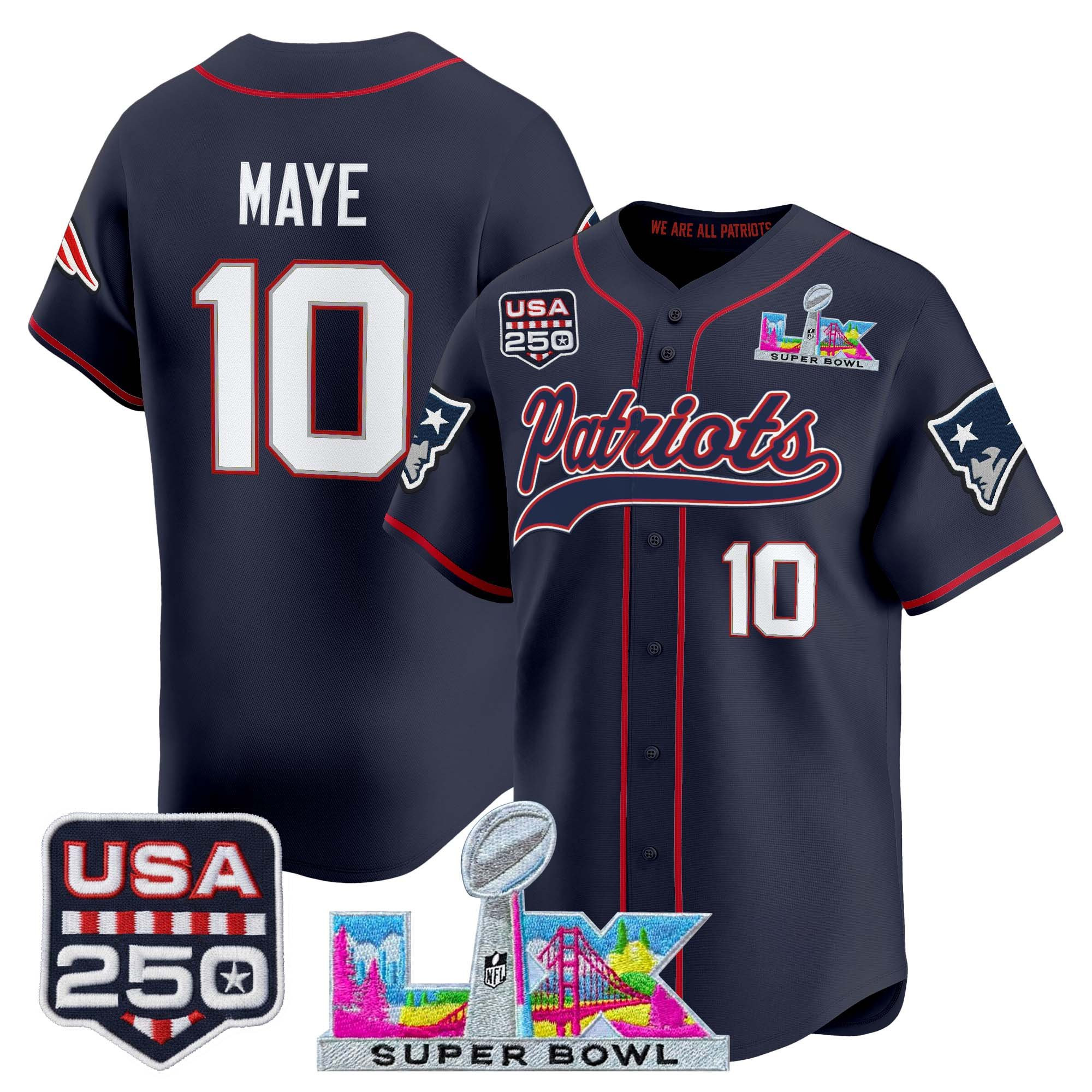 Men's New England Patriots "Super Bowl LX & United States 250th Anniversary Patch" Vapor Baseball Jersey - All Stitched - Image 11