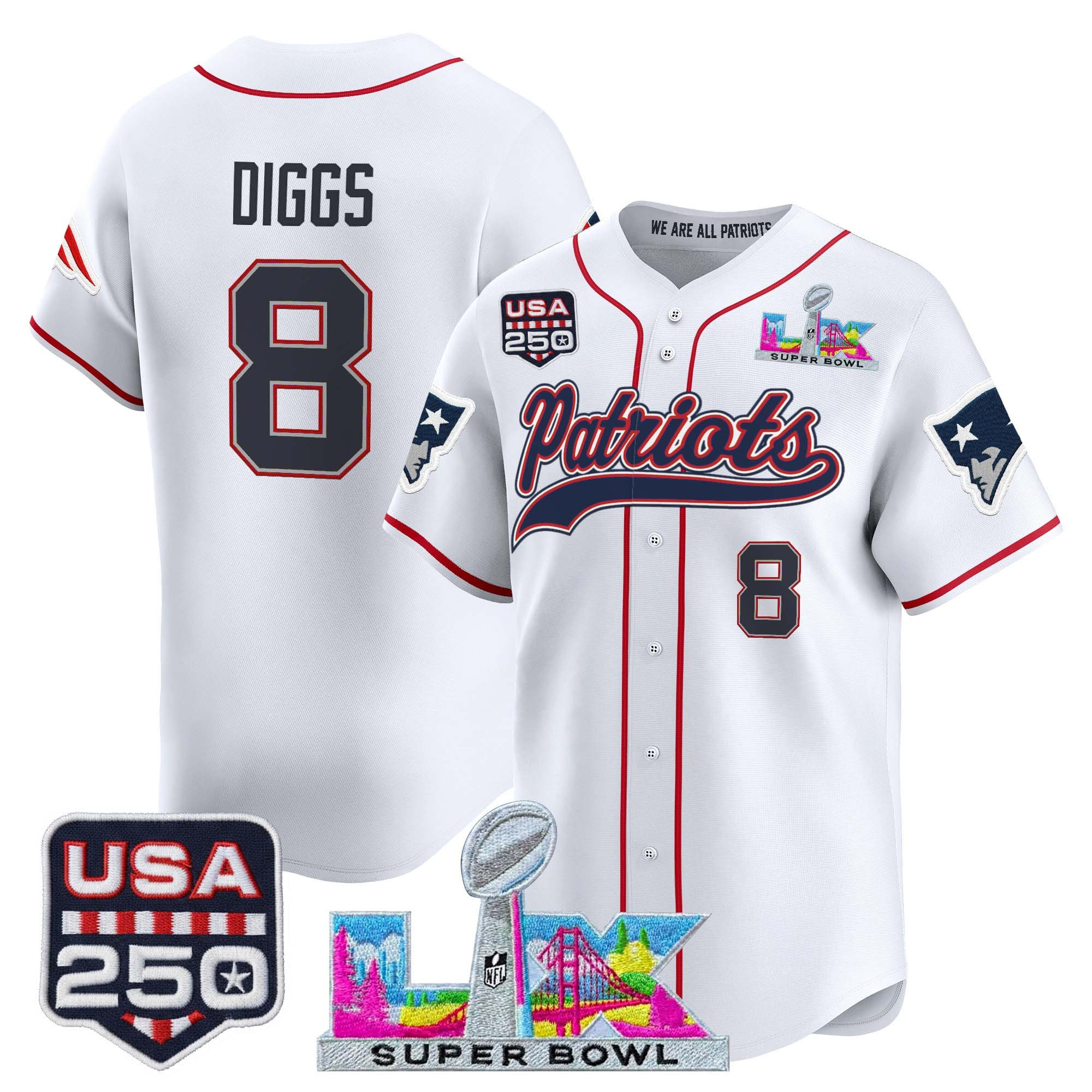 Men's New England Patriots "Super Bowl LX & United States 250th Anniversary Patch" Vapor Baseball Jersey - All Stitched - Image 5