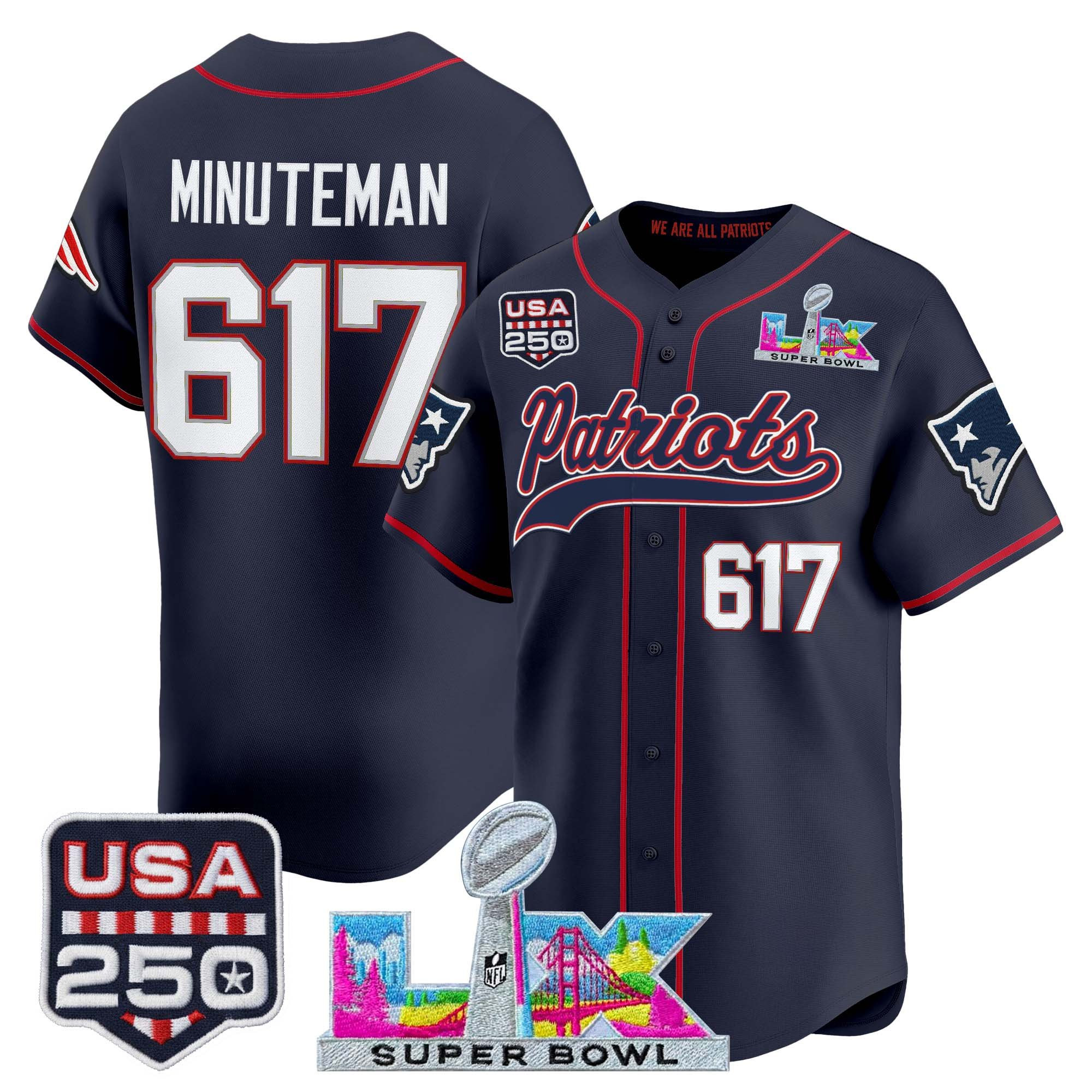 Men's New England Patriots "Super Bowl LX & United States 250th Anniversary Patch" Vapor Baseball Jersey - All Stitched - Image 13