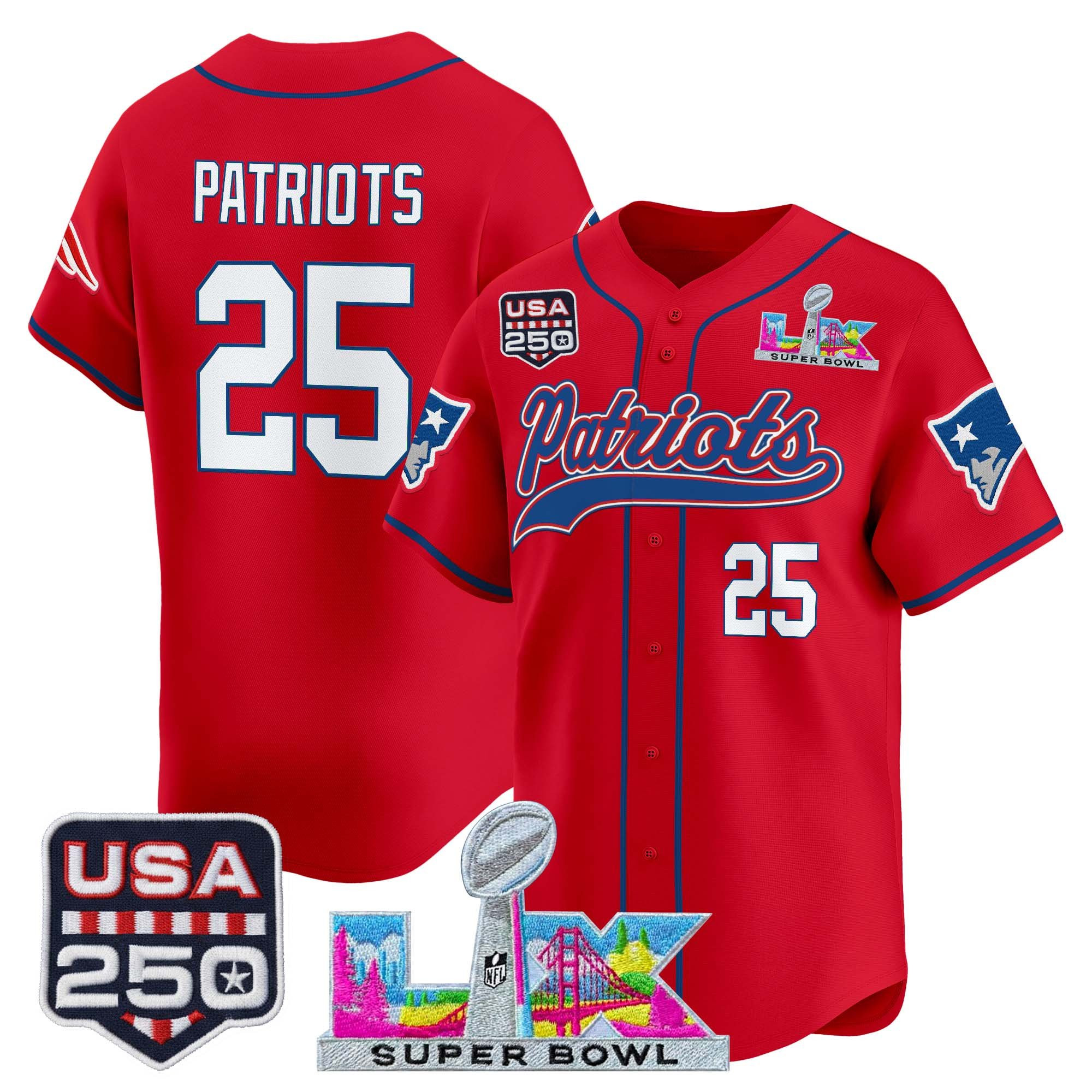 Men's New England Patriots "Super Bowl LX & United States 250th Anniversary Patch" Vapor Baseball Jersey - All Stitched - Image 24