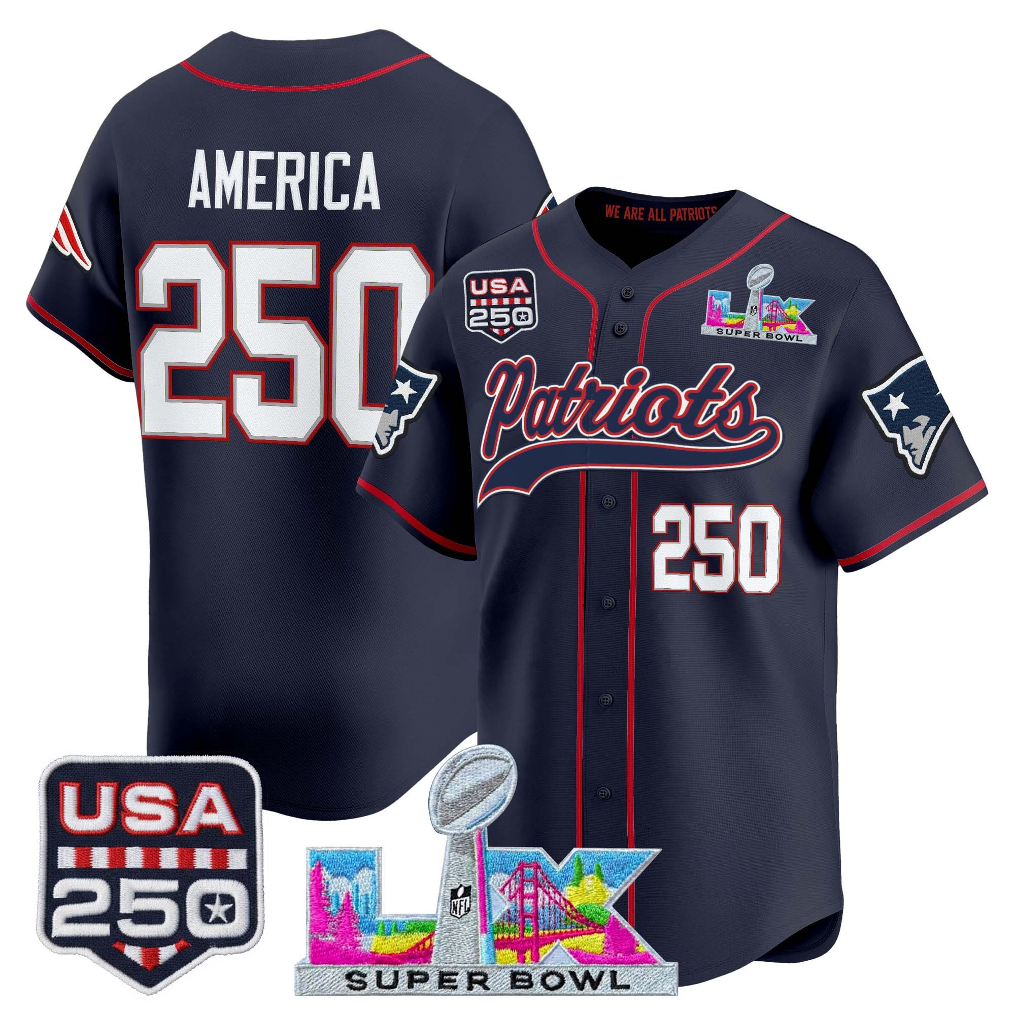 Men's New England Patriots "Super Bowl LX & United States 250th Anniversary Patch" Vapor Baseball Jersey - All Stitched - Image 12