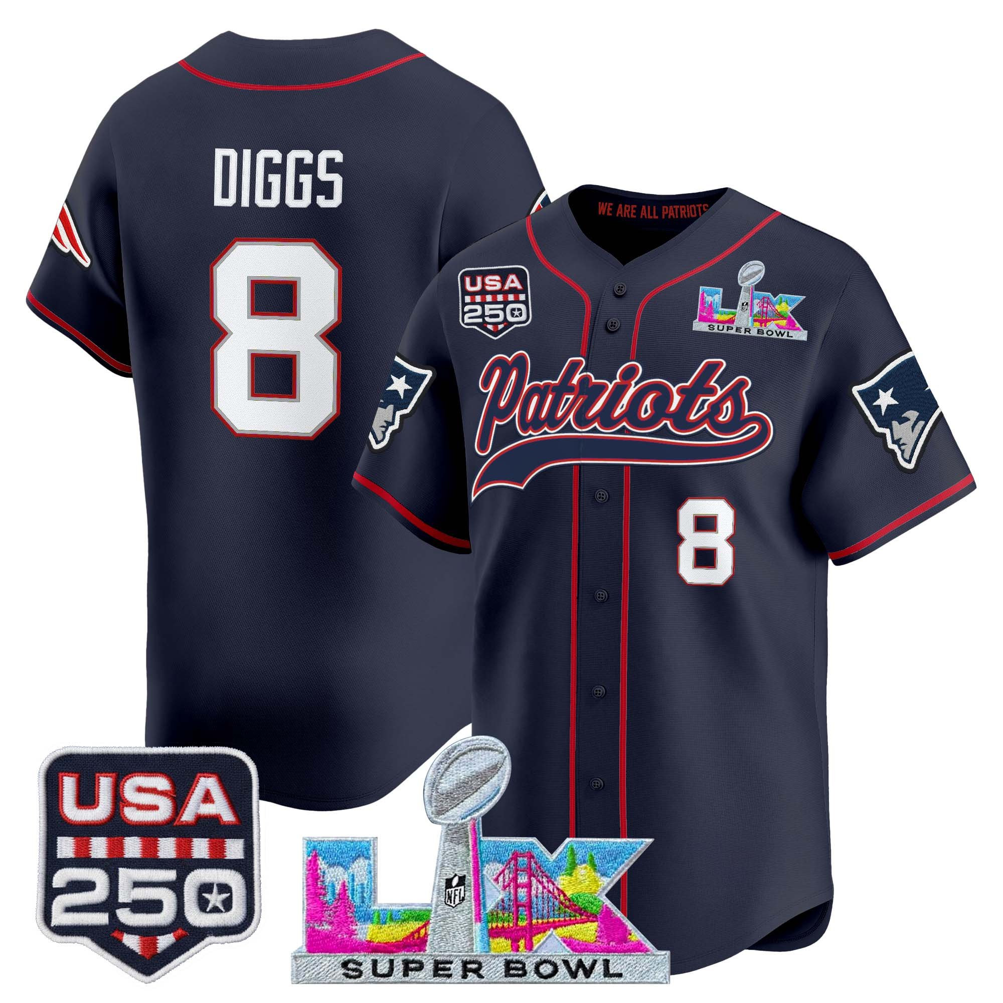 Men's New England Patriots "Super Bowl LX & United States 250th Anniversary Patch" Vapor Baseball Jersey - All Stitched - Image 15