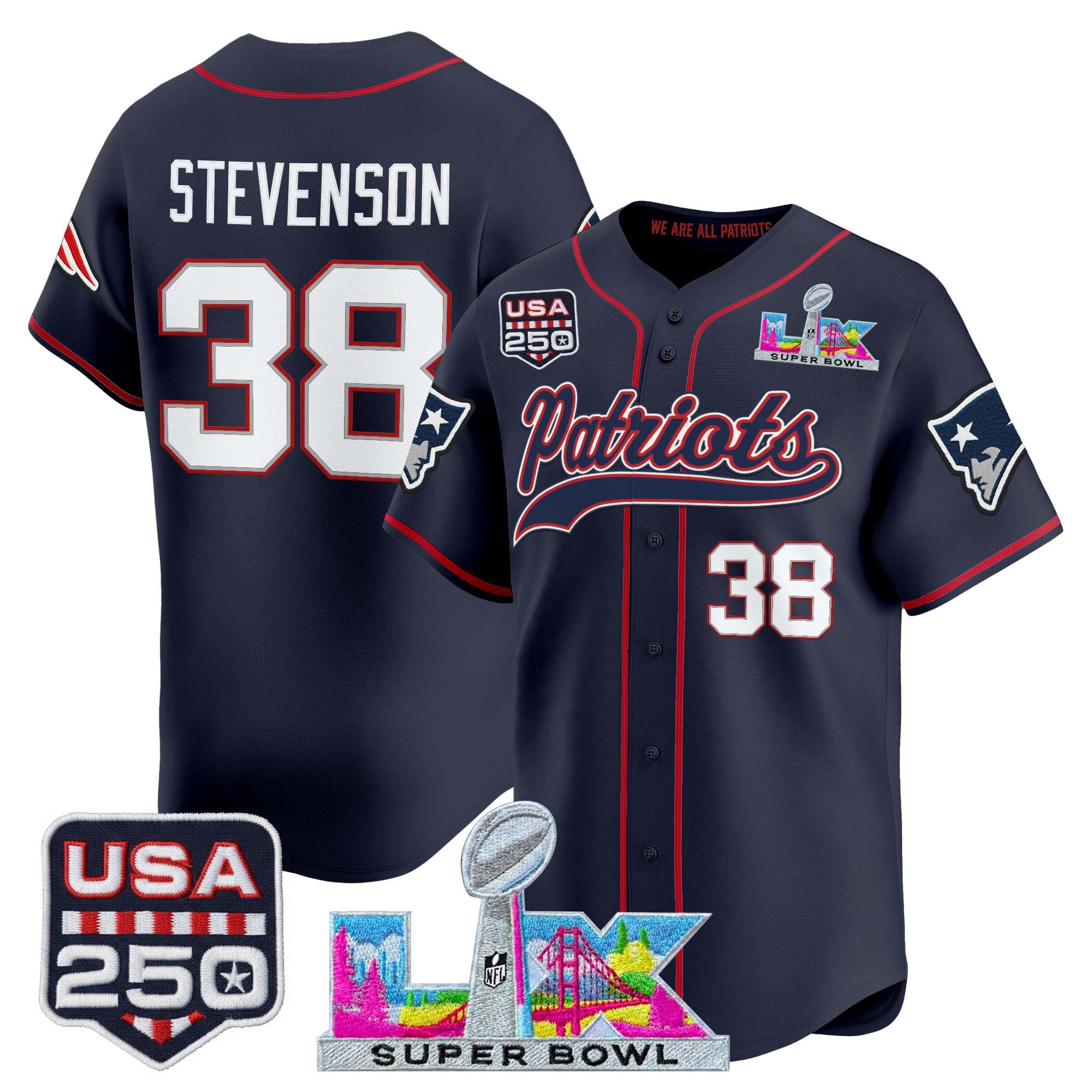 Men's New England Patriots "Super Bowl LX & United States 250th Anniversary Patch" Vapor Baseball Jersey - All Stitched - Image 18