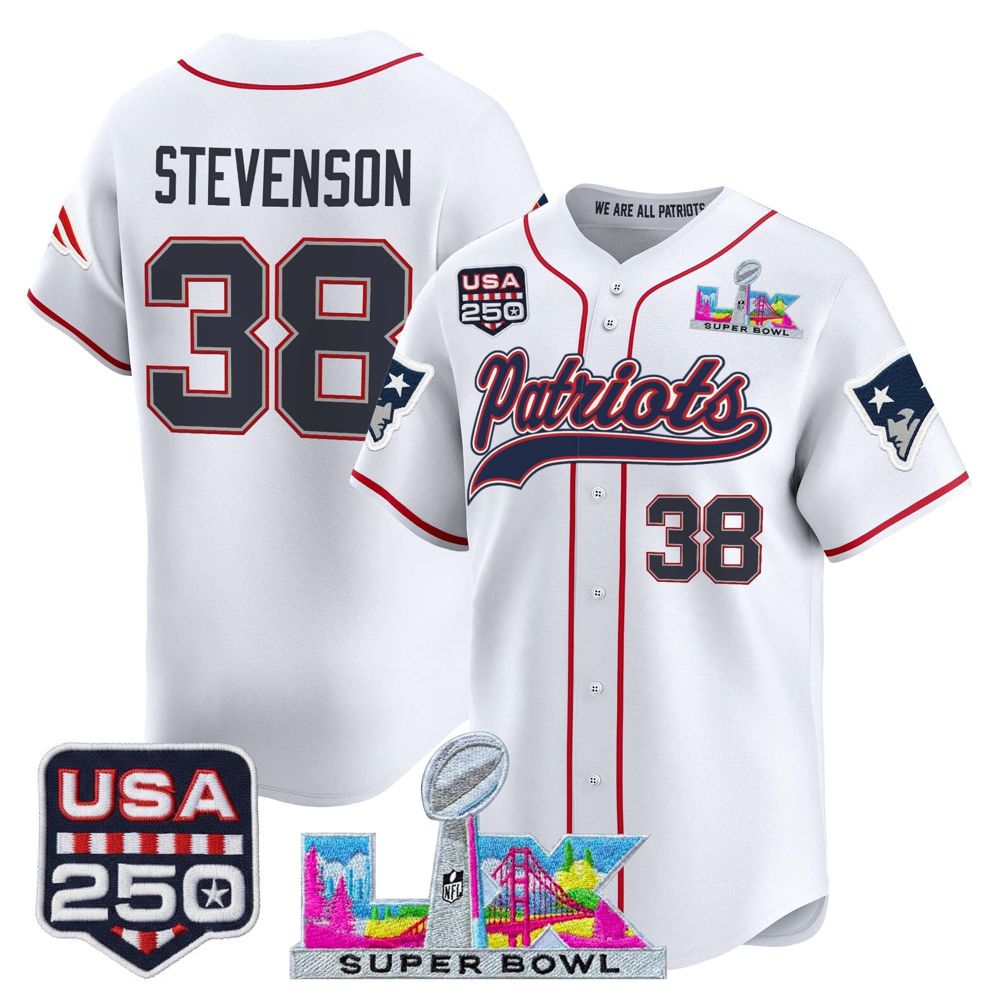 Men's New England Patriots "Super Bowl LX & United States 250th Anniversary Patch" Vapor Baseball Jersey - All Stitched - Image 8