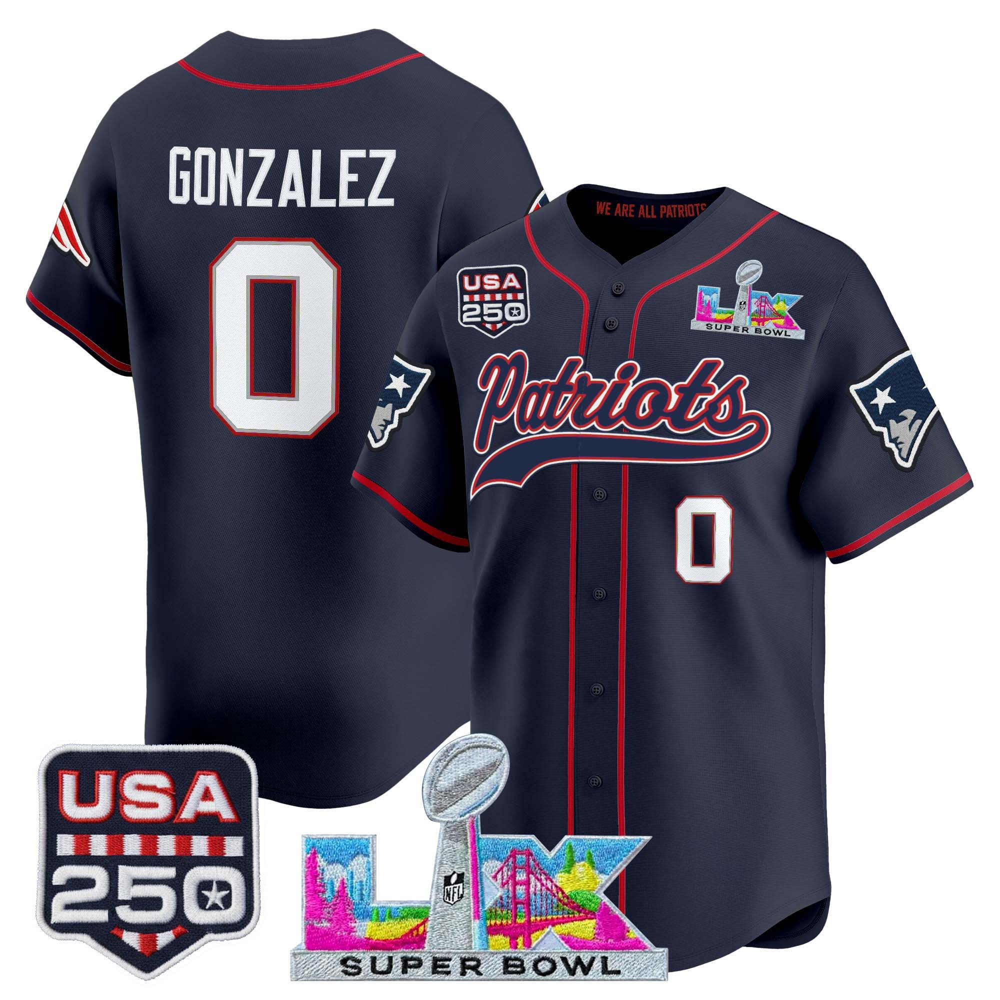 Men's New England Patriots "Super Bowl LX & United States 250th Anniversary Patch" Vapor Baseball Jersey - All Stitched - Image 19