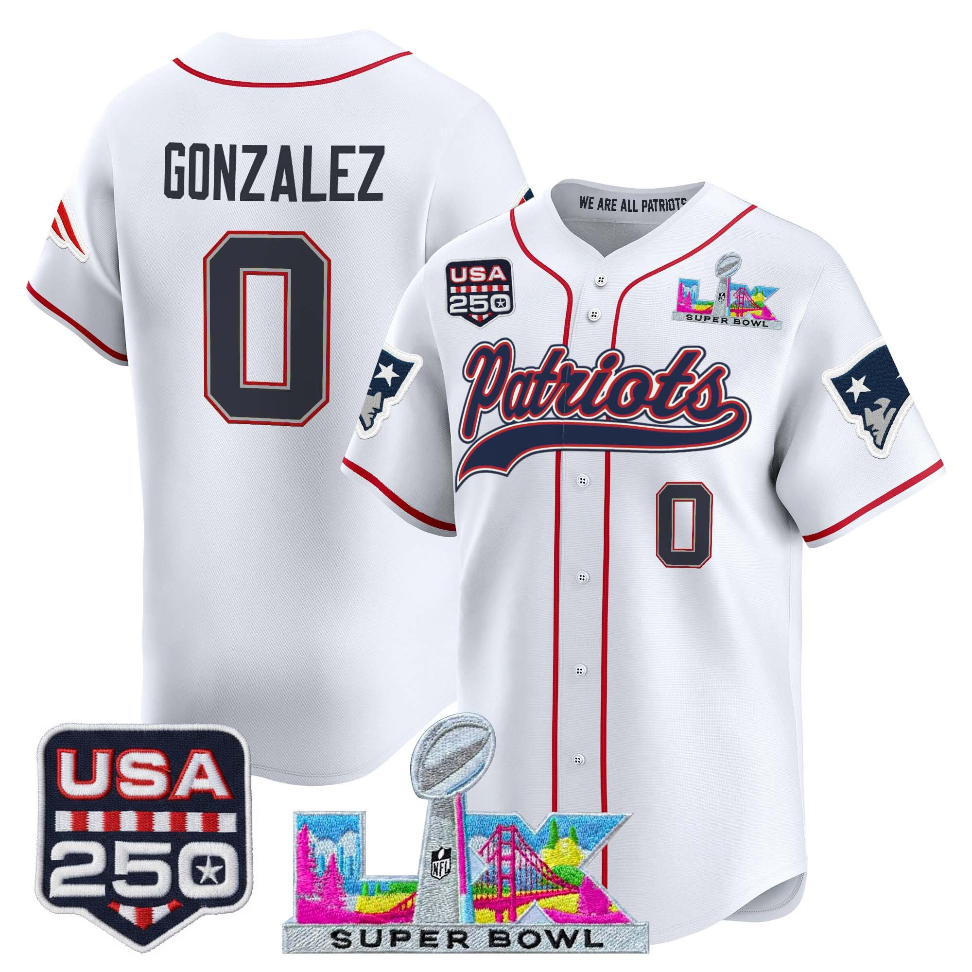 Men's New England Patriots "Super Bowl LX & United States 250th Anniversary Patch" Vapor Baseball Jersey - All Stitched - Image 9