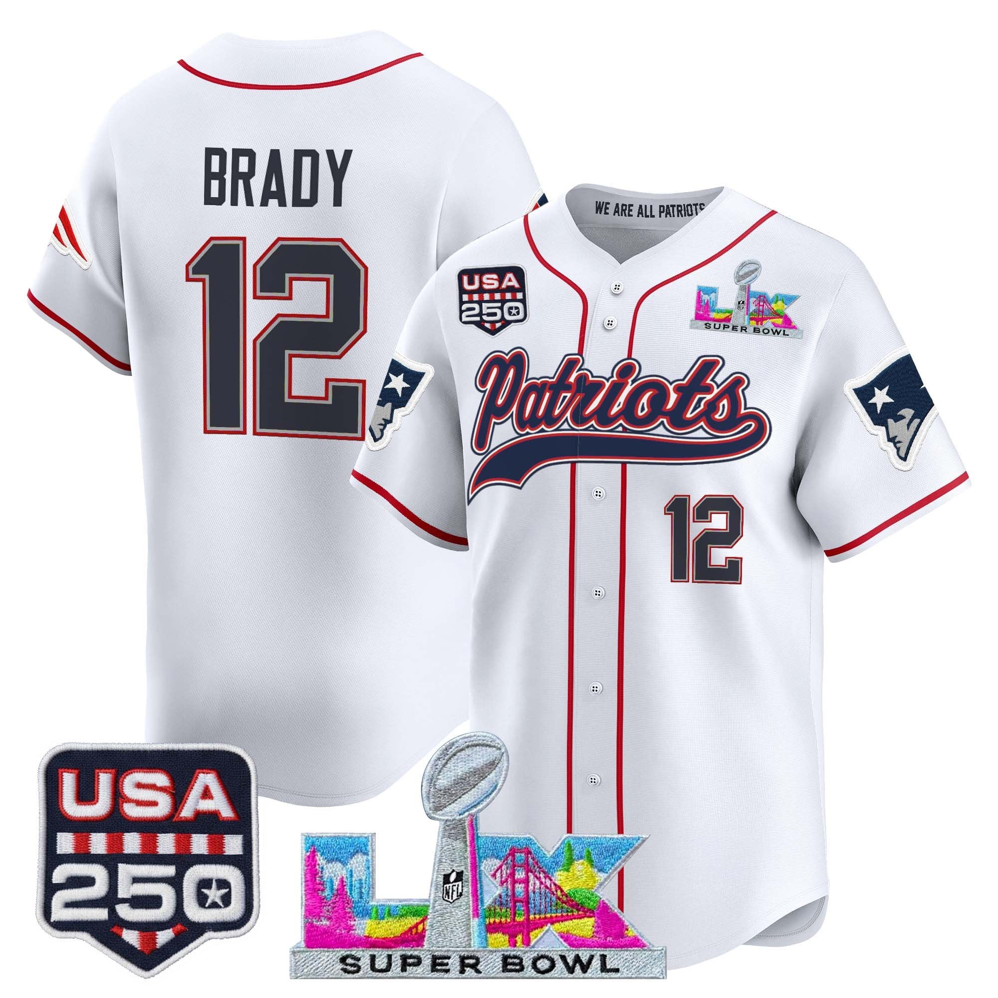 Men's New England Patriots "Super Bowl LX & United States 250th Anniversary Patch" Vapor Baseball Jersey - All Stitched - Image 6