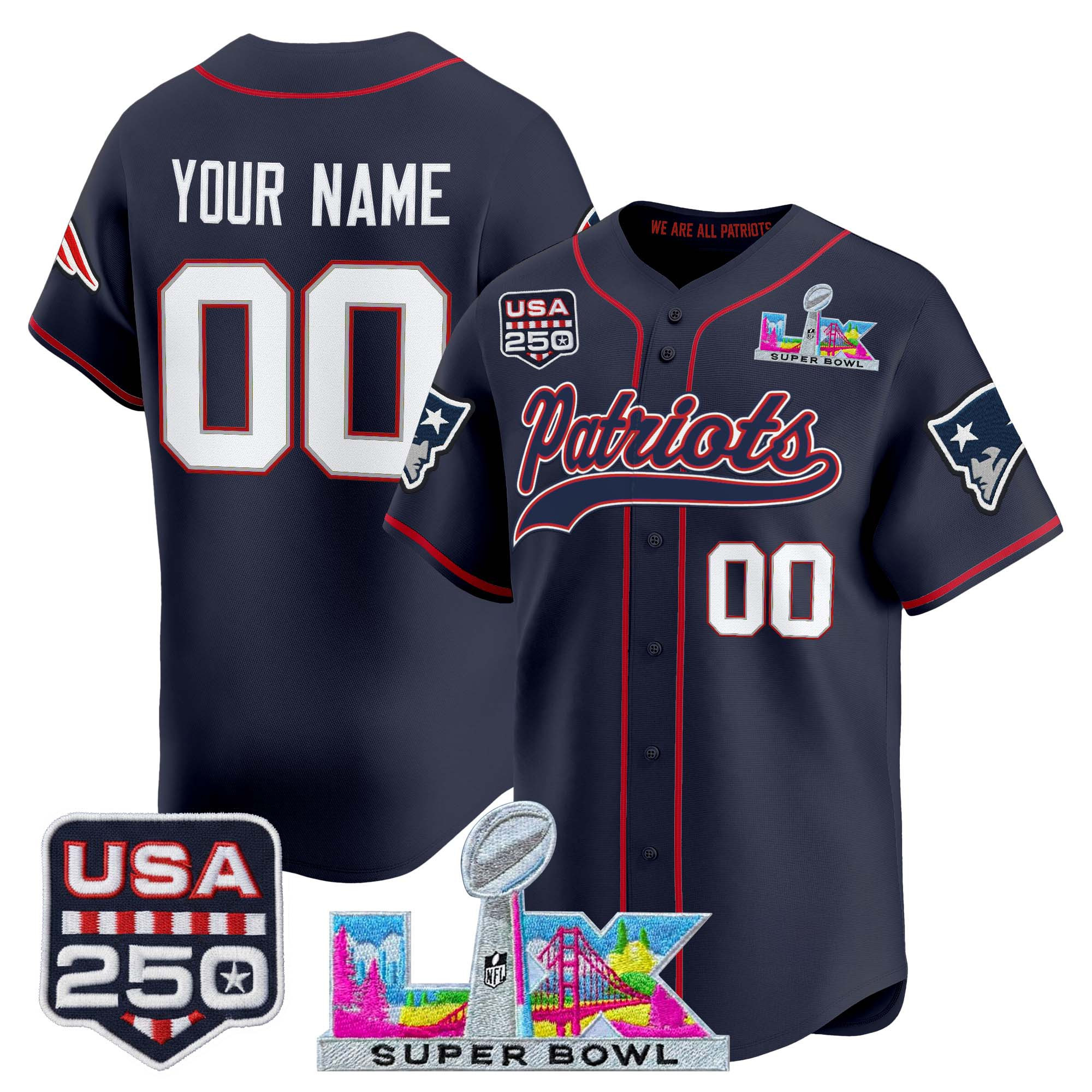 New England Patriots "Super Bowl LX & United States 250th Anniversary Patch" Vapor Baseball Custom Jersey - All Stitched - Image 2