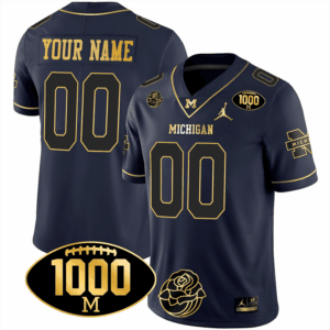 Michigan Wolverines Michigan 1000 Wins & Rose Bowl Patch Gold Custom Jersey - All Stitched