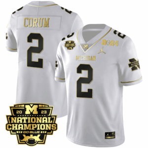 Blake Corum Michigan Wolverines 2023 National Champions Patch White Gold Jersey - All Stitched