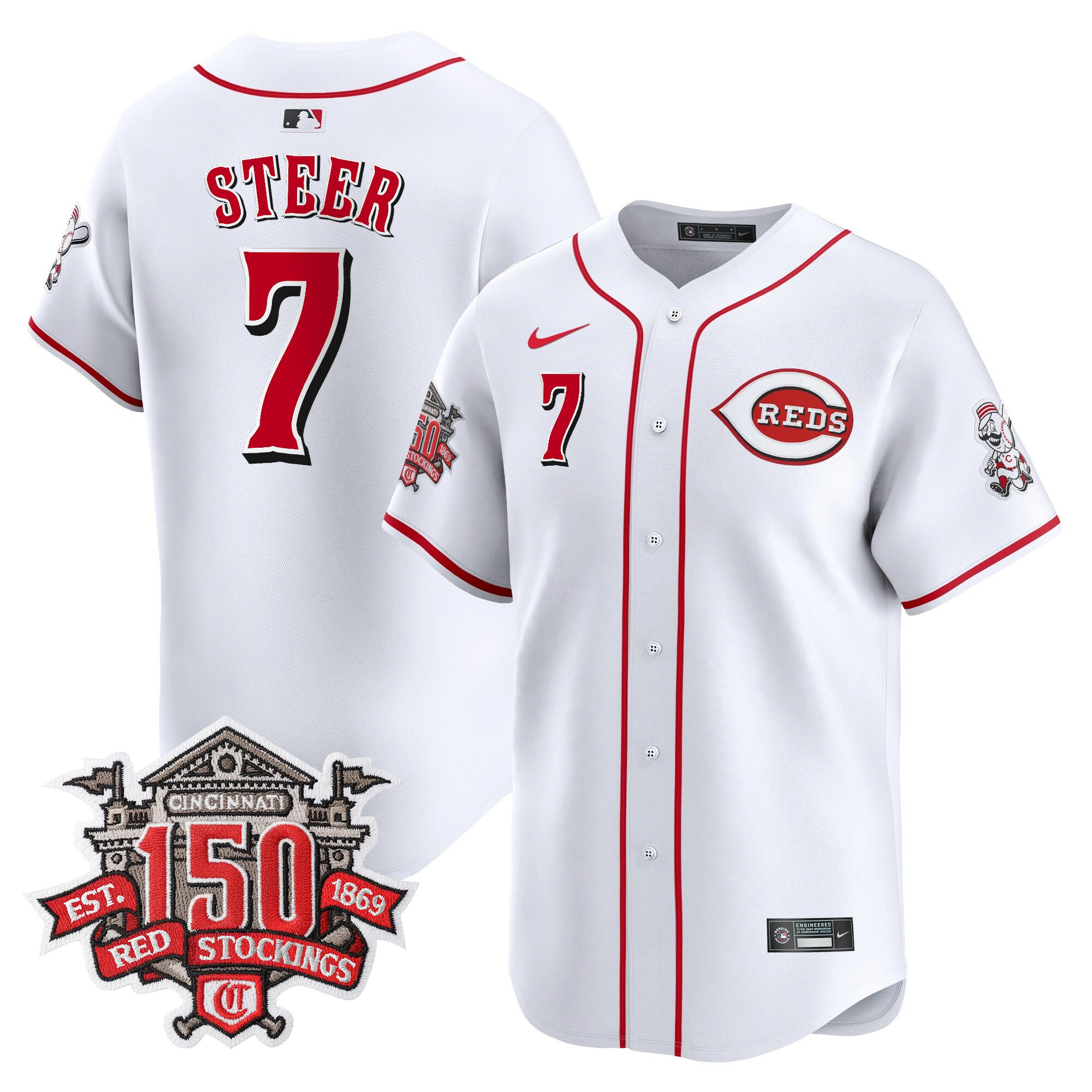 Men's Cincinnati Reds 150th Anniversary Patch Vapor Premier Limited Jersey - All Stitched - Image 7