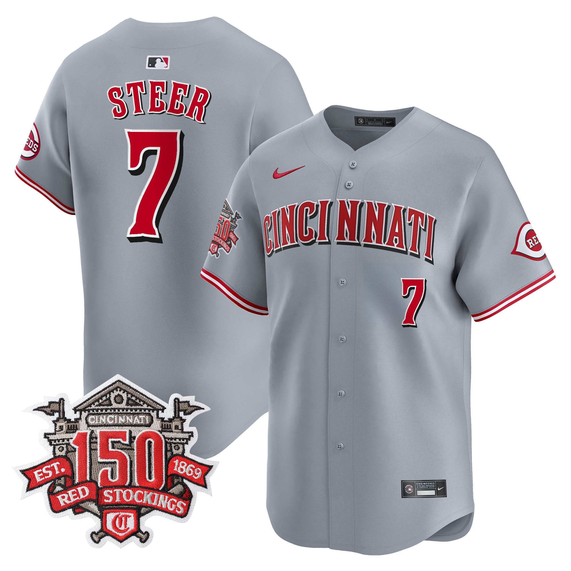 Men's Cincinnati Reds 150th Anniversary Patch Vapor Premier Limited Jersey - All Stitched - Image 27