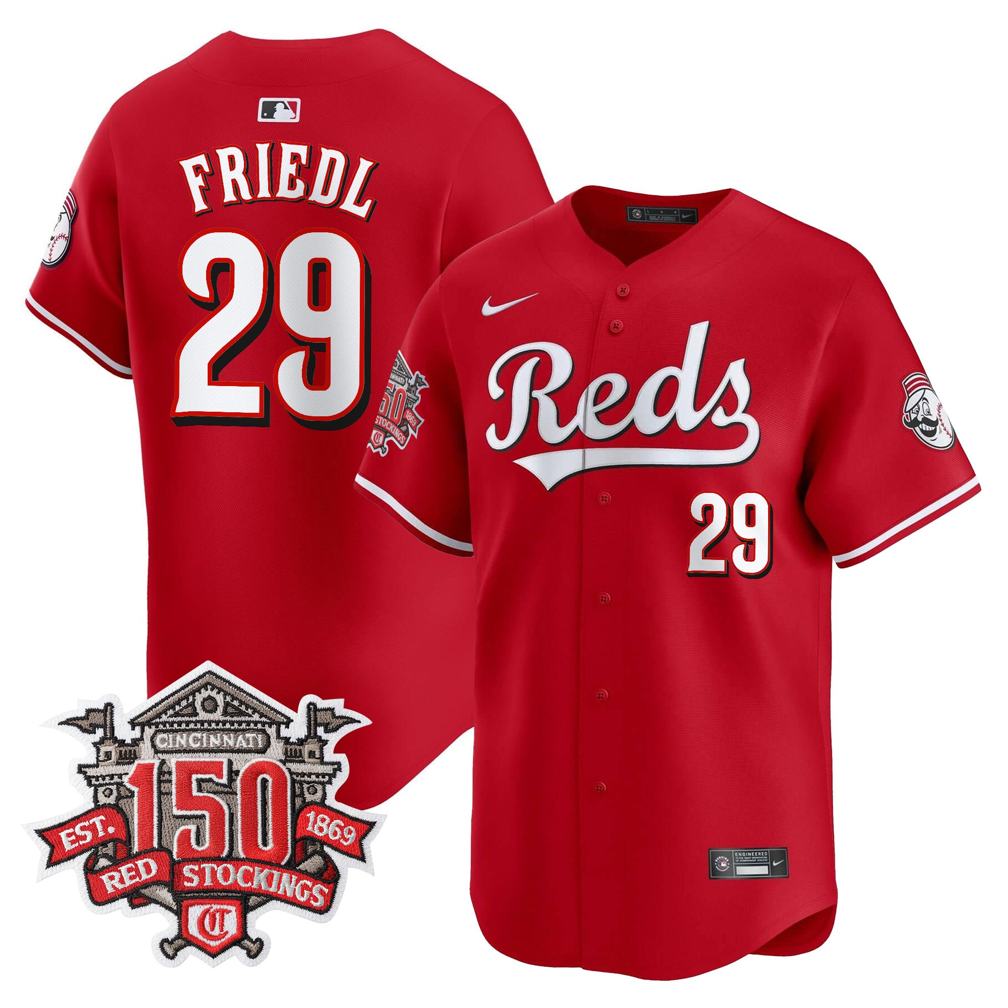 Men's Cincinnati Reds 150th Anniversary Patch Vapor Premier Limited Jersey - All Stitched - Image 16