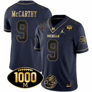 Men's Michigan Wolverines Michigan 1000 Wins & Rose Bowl Patch Gold Jersey - All Stitched