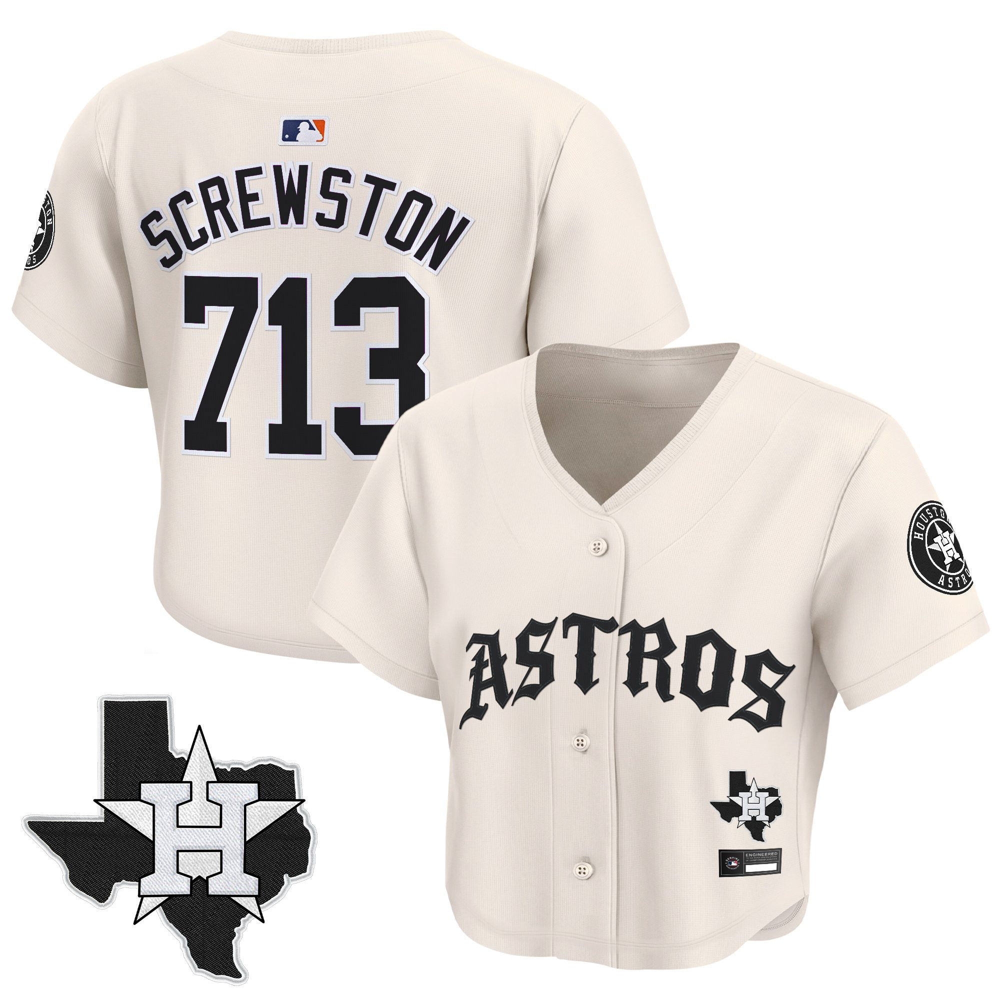 Women's Houston Astros 'Old English Edition' Crop Top Baseball Jersey - All Stitched - Image 37