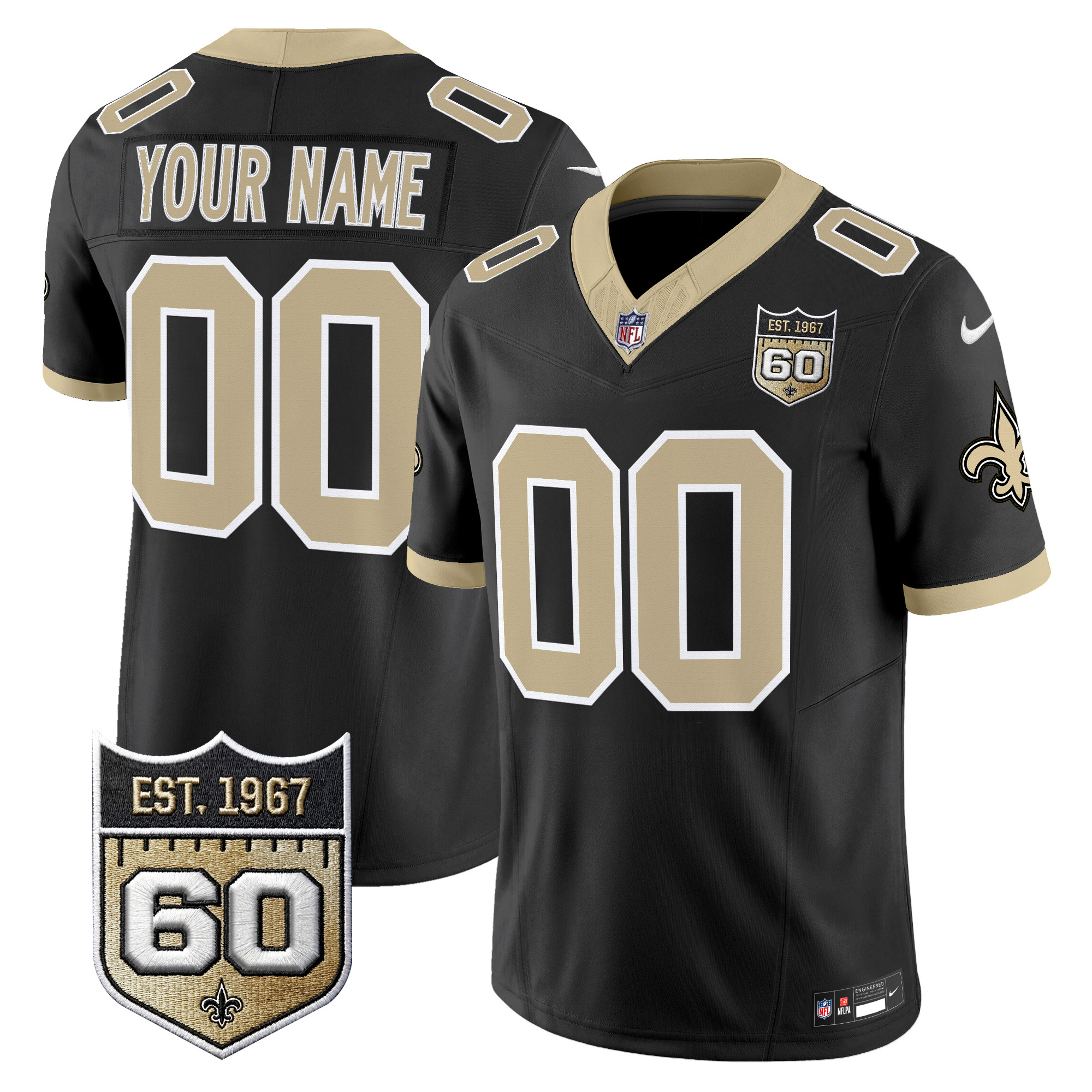 New Orleans Saints 60th Anniversary Patch Vapor Custom Jersey - Gameday Golds Edition - All Stitched - Image 3