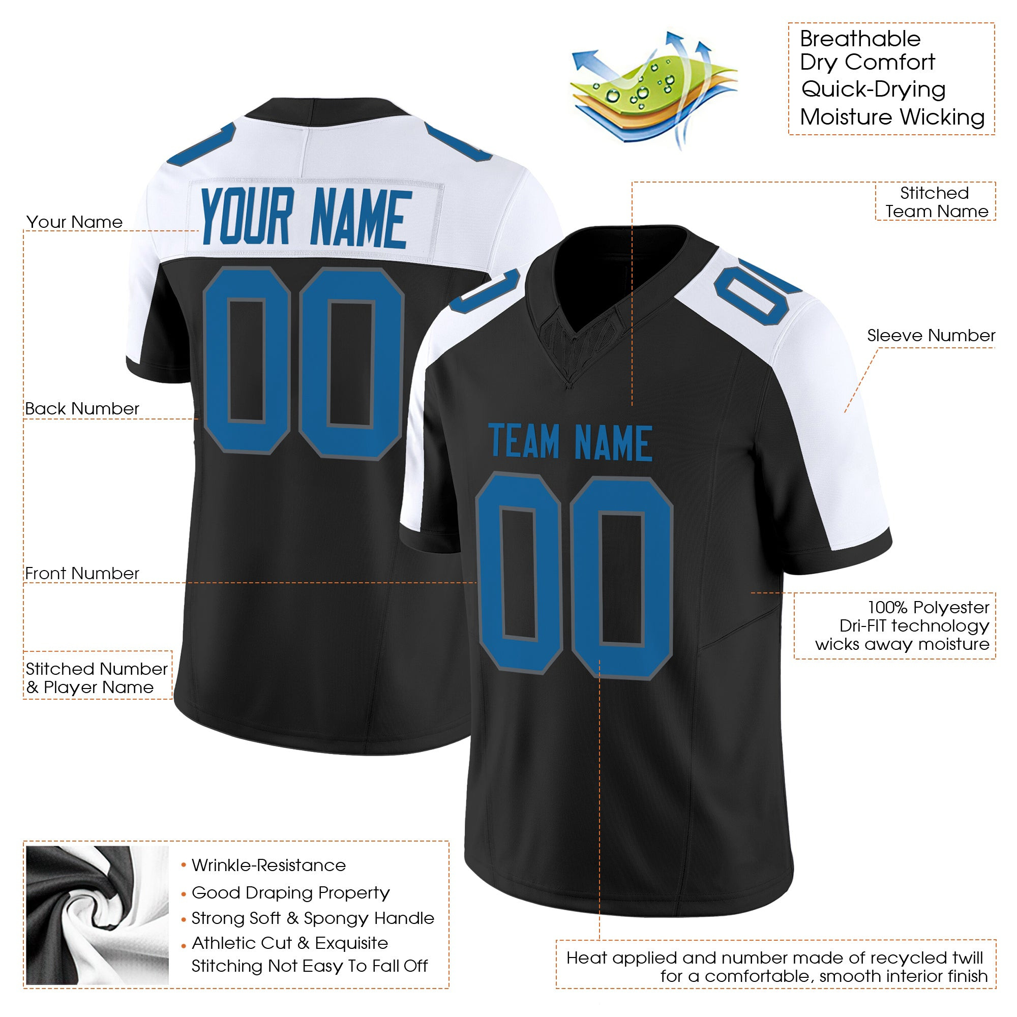 Black Alternate Blue-Gray Authentic Custom Football Jersey - Image 2
