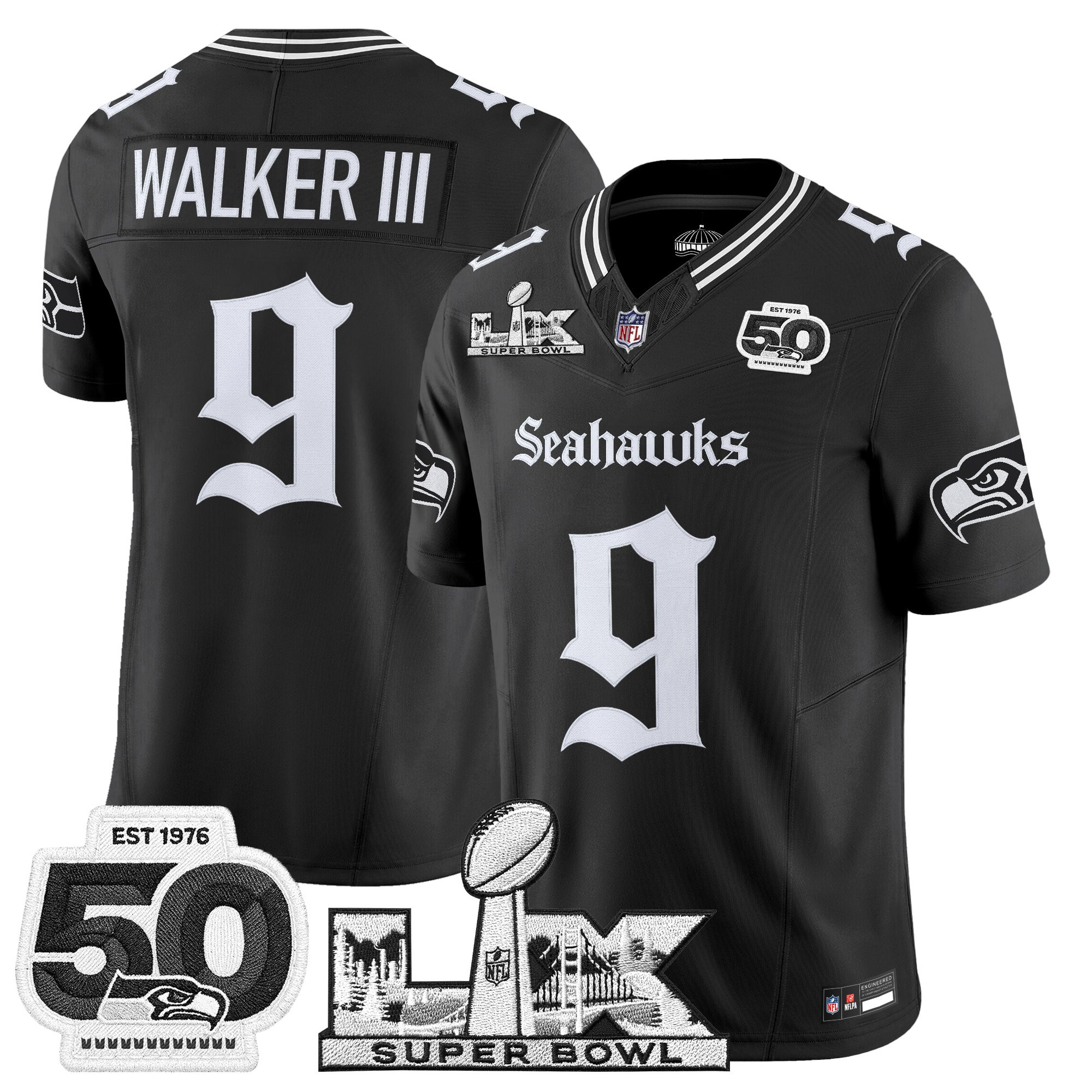 Men's Seattle Seahawks "Super Bowl LX & 50th Patch" Vapor Limited Jersey - Gothic Edition - All Stitched - Image 6