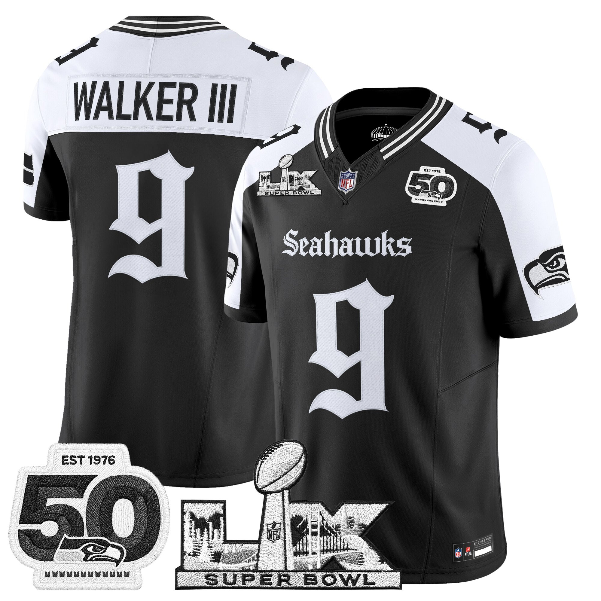 Men's Seattle Seahawks "Super Bowl LX & 50th Patch" Vapor Limited Jersey - Gothic Edition - All Stitched - Image 24
