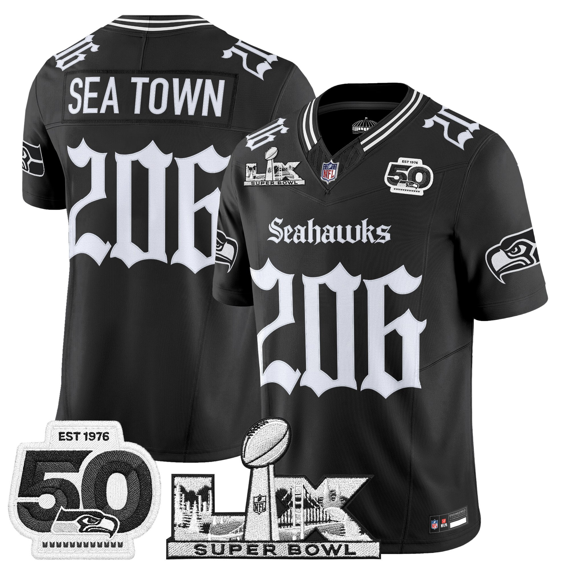 Men's Seattle Seahawks "Super Bowl LX & 50th Patch" Vapor Limited Jersey - Gothic Edition - All Stitched - Image 2