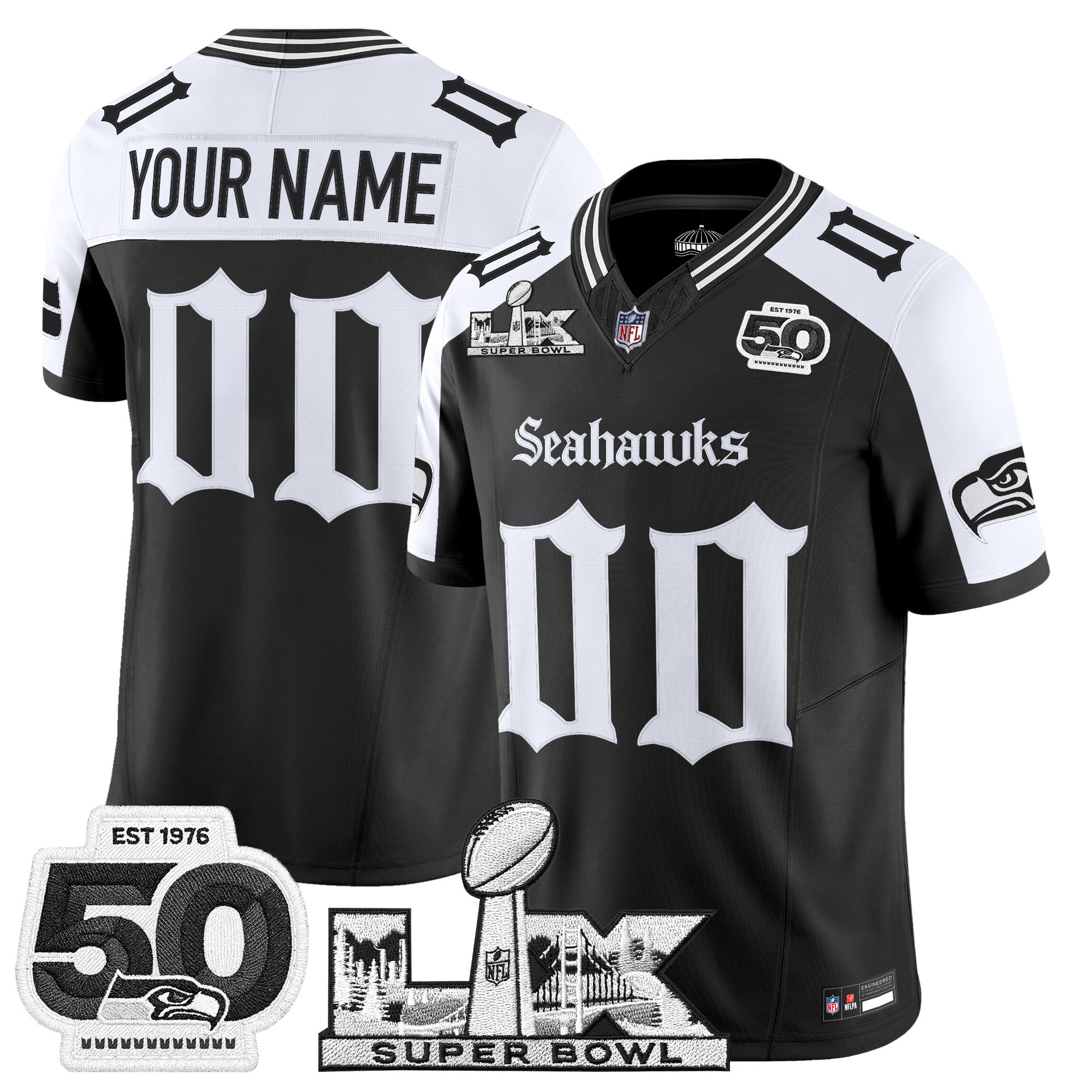 Seattle Seahawks "Super Bowl LX & 50th Patch" Vapor Limited Custom Jersey - Gothic Edition - All Stitched - Image 3