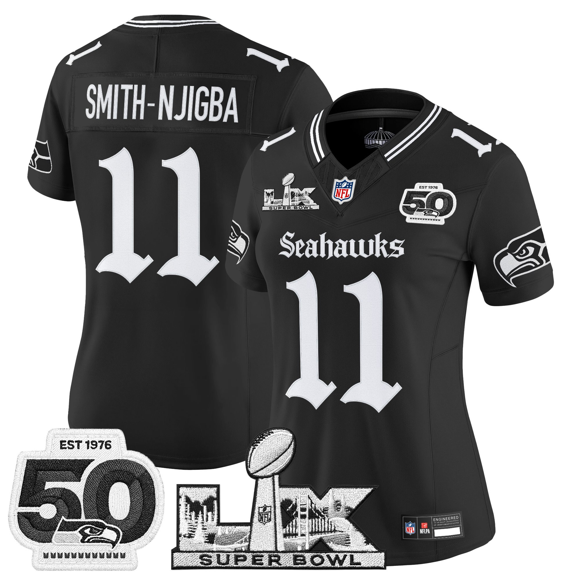Women's Seattle Seahawks "Super Bowl LX & 50th Patch" Vapor Limited Jersey - Gothic Edition - All Stitched - Image 3