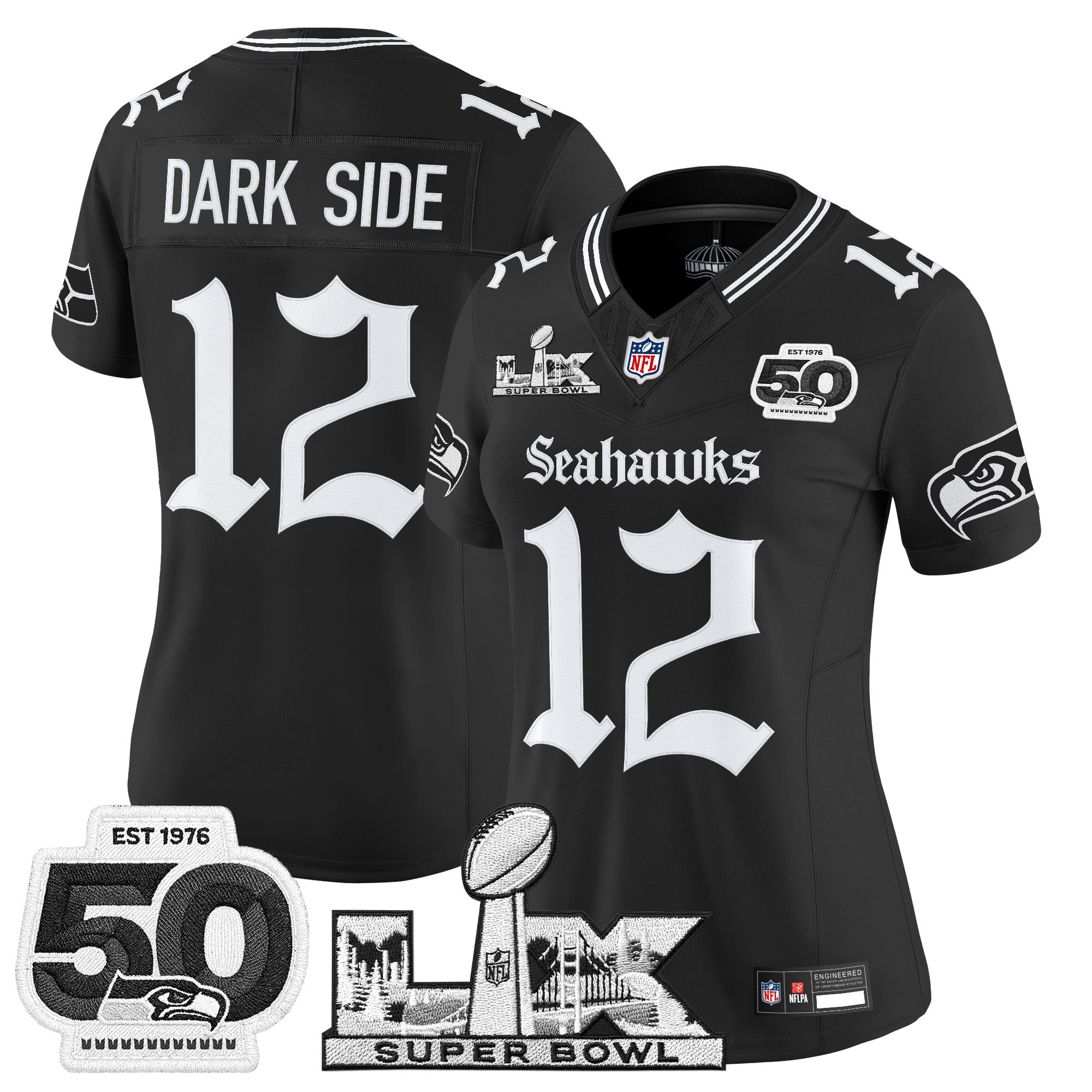 Women's Seattle Seahawks "Super Bowl LX & 50th Patch" Vapor Limited Jersey - Gothic Edition - All Stitched - Image 9