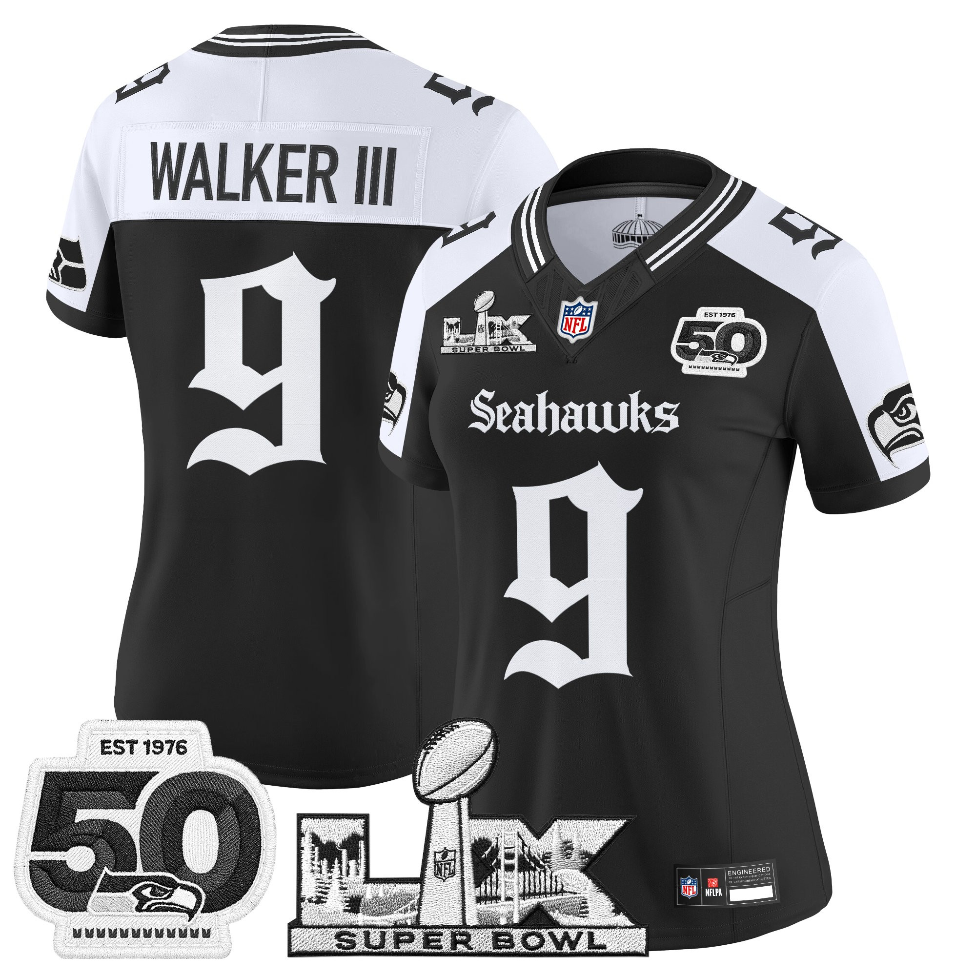 Women's Seattle Seahawks "Super Bowl LX & 50th Patch" Vapor Limited Jersey - Gothic Edition - All Stitched - Image 24