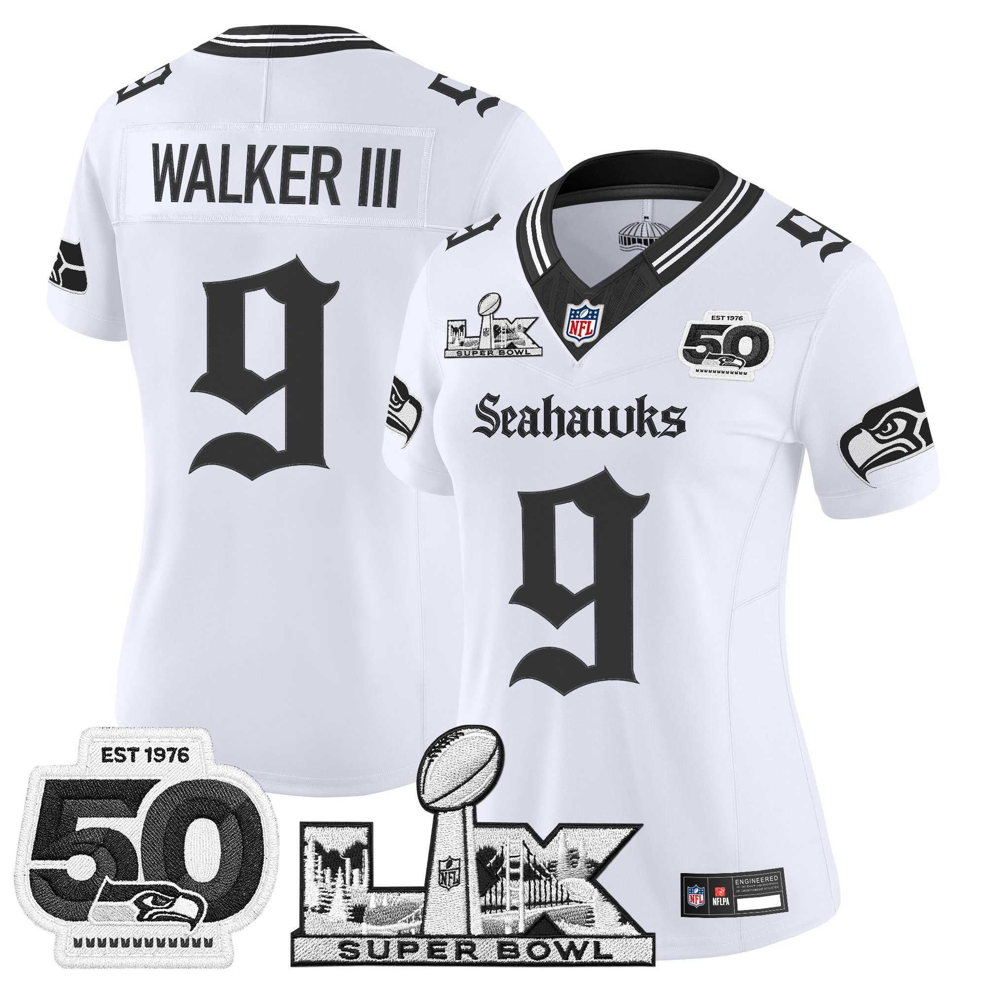 Women's Seattle Seahawks "Super Bowl LX & 50th Patch" Vapor Limited Jersey - Gothic Edition - All Stitched - Image 15