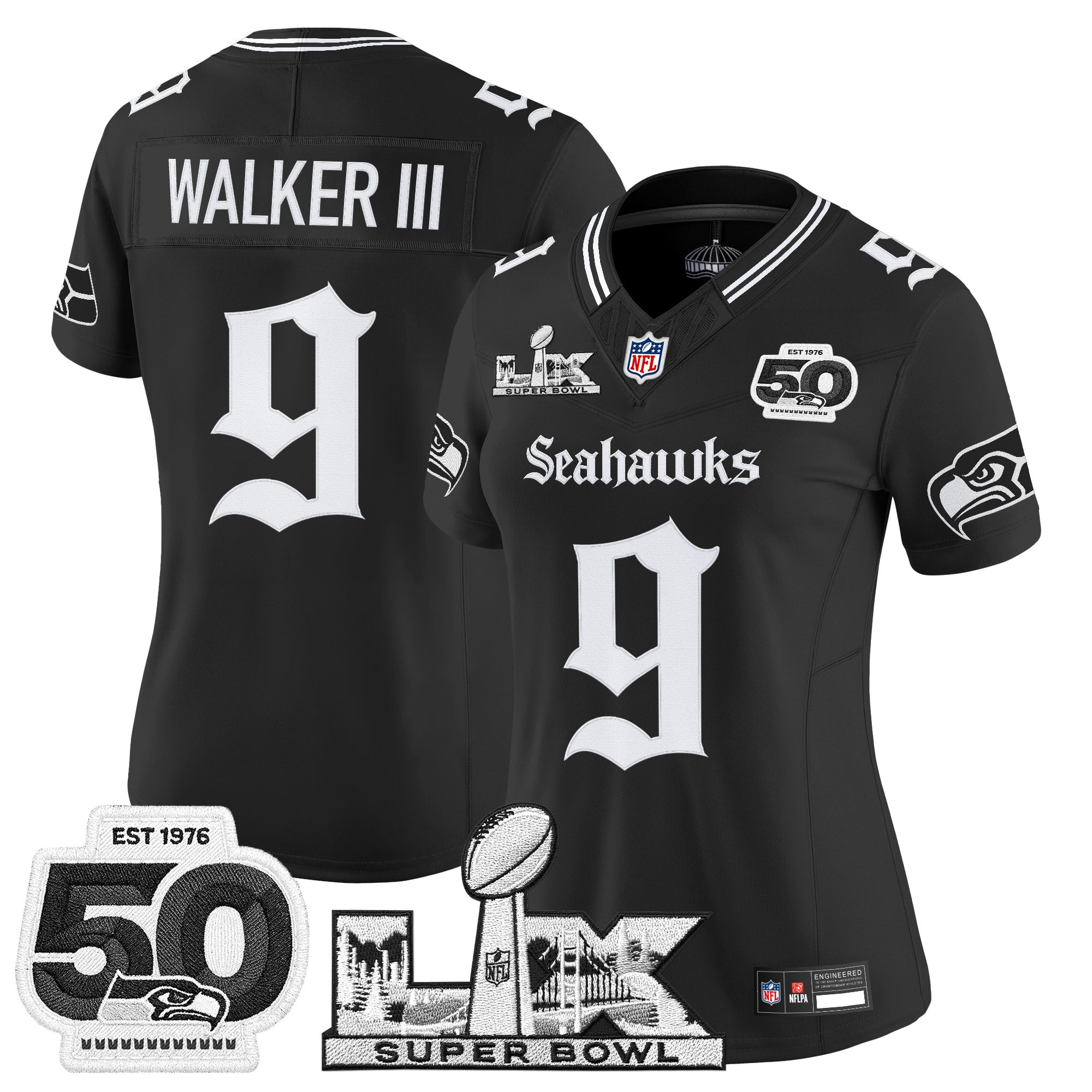 Women's Seattle Seahawks "Super Bowl LX & 50th Patch" Vapor Limited Jersey - Gothic Edition - All Stitched - Image 6