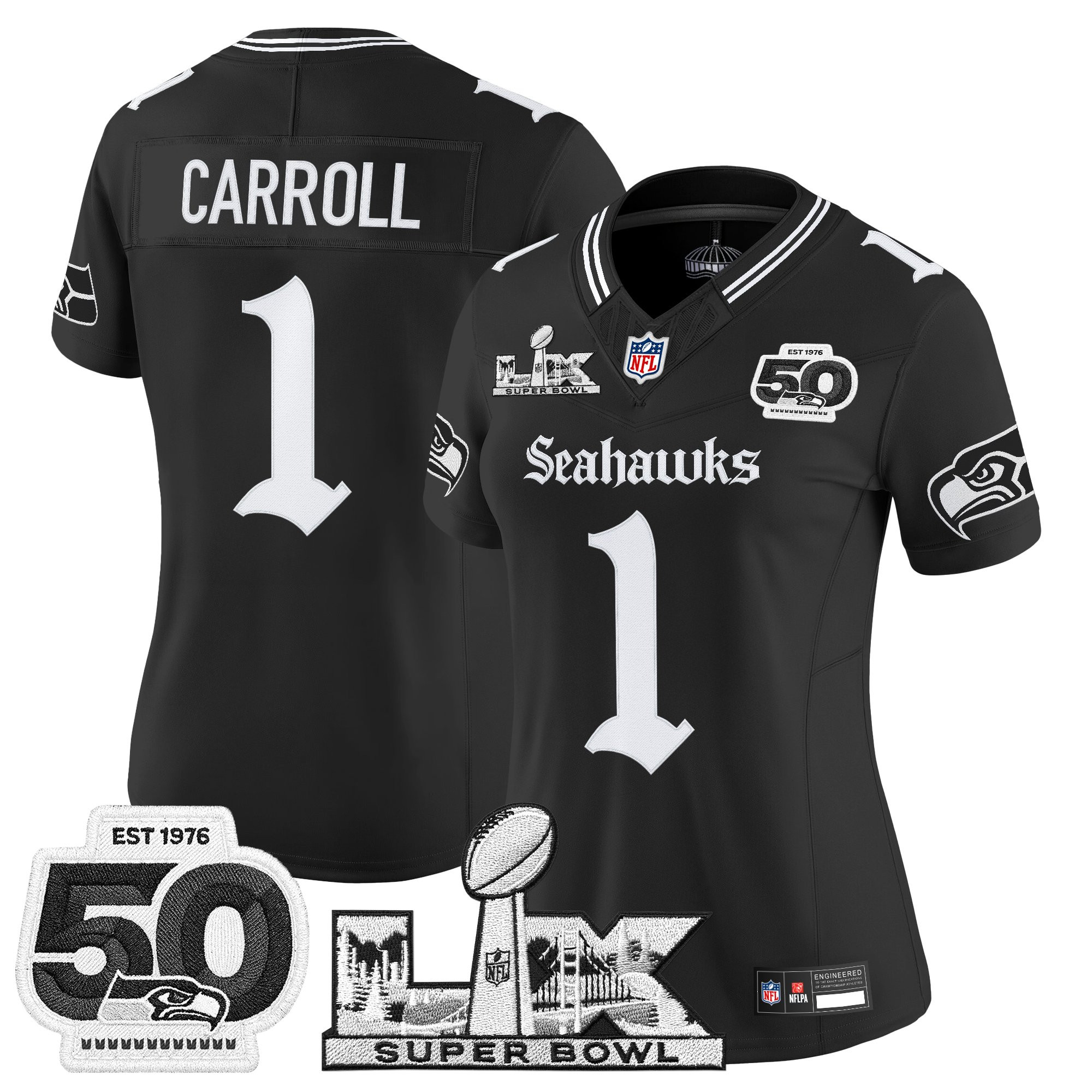 Women's Seattle Seahawks "Super Bowl LX & 50th Patch" Vapor Limited Jersey - Gothic Edition - All Stitched - Image 4