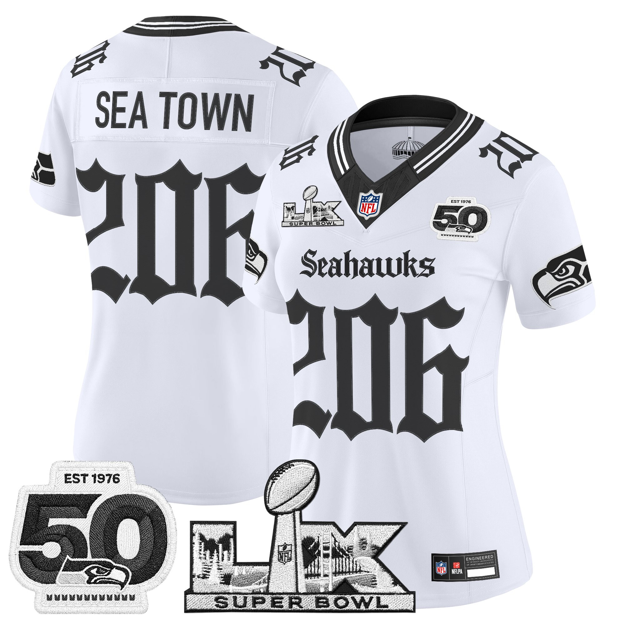 Women's Seattle Seahawks "Super Bowl LX & 50th Patch" Vapor Limited Jersey - Gothic Edition - All Stitched - Image 11
